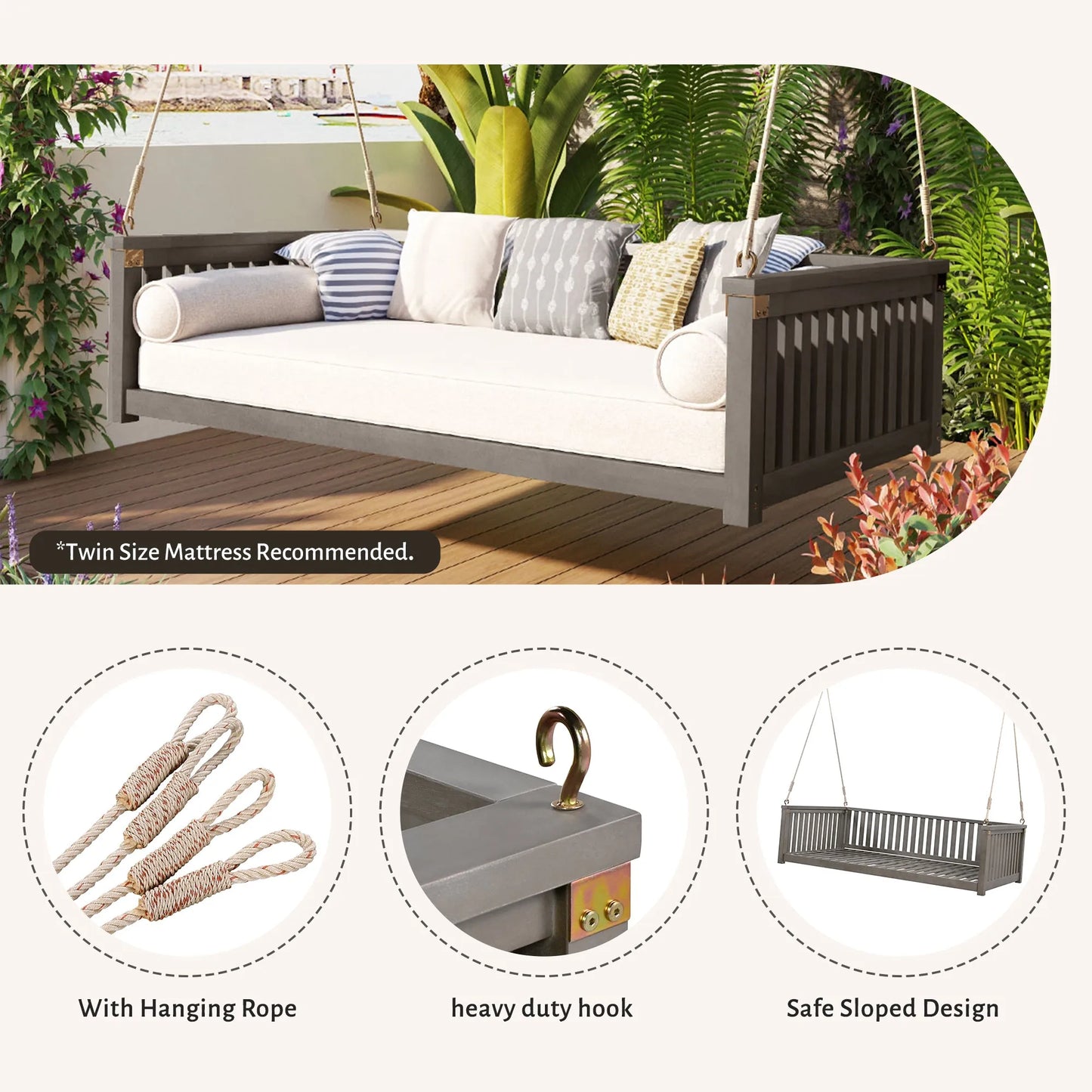 Acacia Wood Twin-Size Porch Swing Bed – Gray – view 6