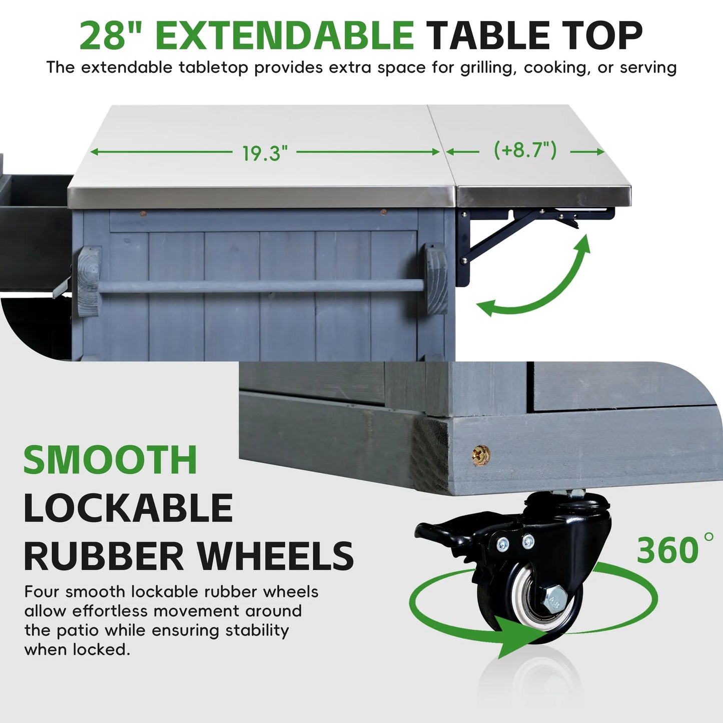 Extendable Outdoor Kitchen Island with Stainless-Steel Top – Gray – view 7
