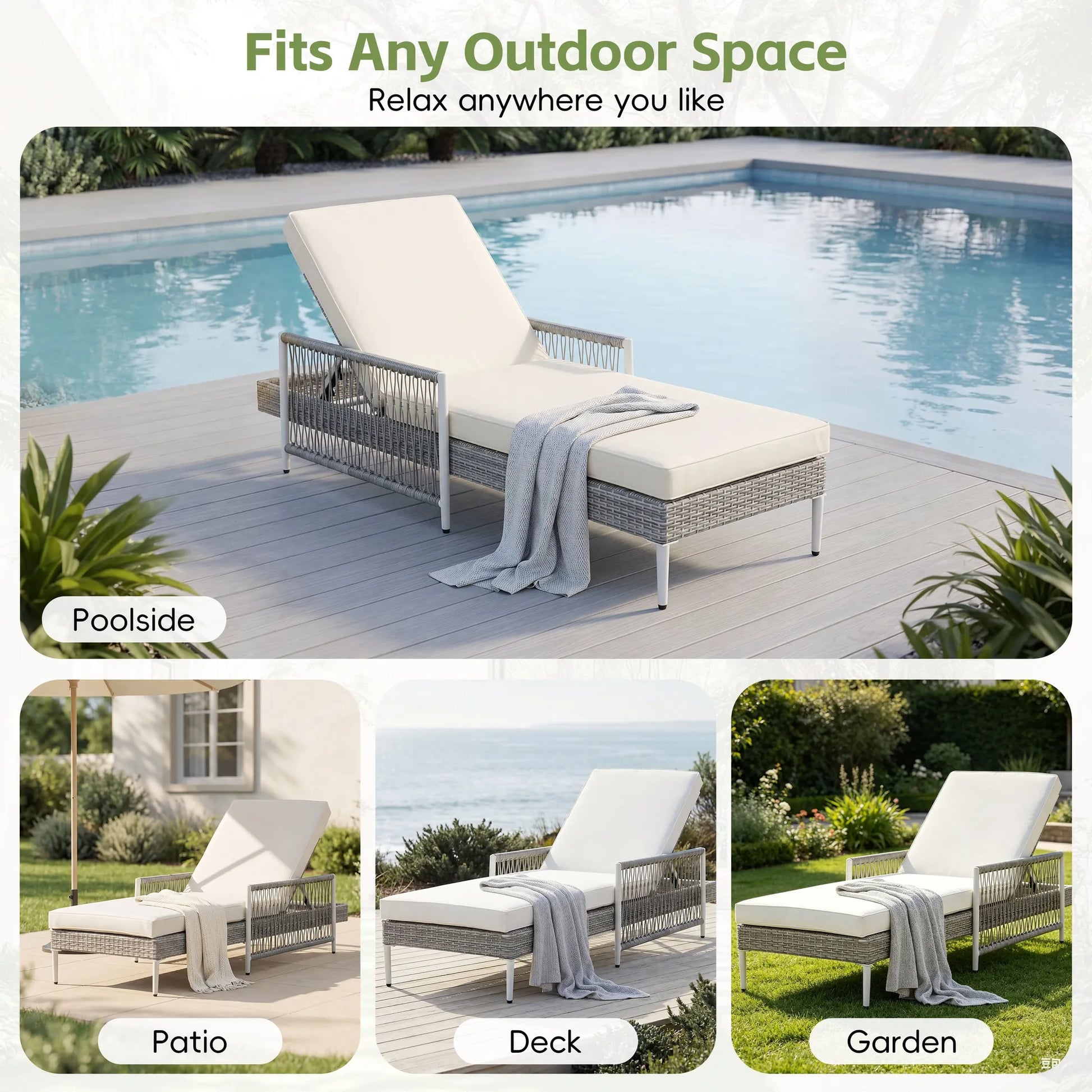 All-Weather PE Rattan Adjustable Chaise Lounge with Cushion – Gray – view 7