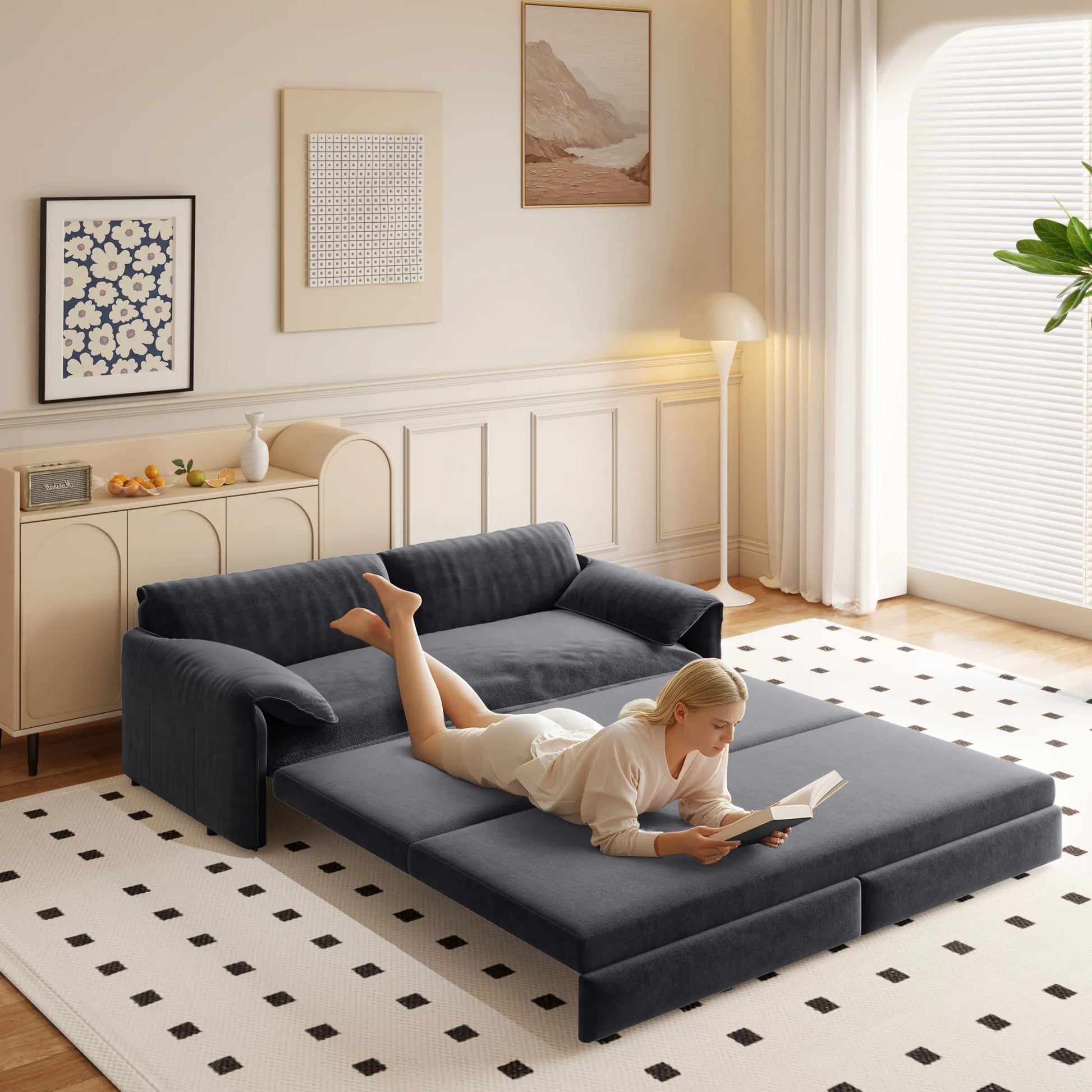 66-Inch Velvet Pull-Out Sofa Bed with Side Storage – Beige / White – view 7