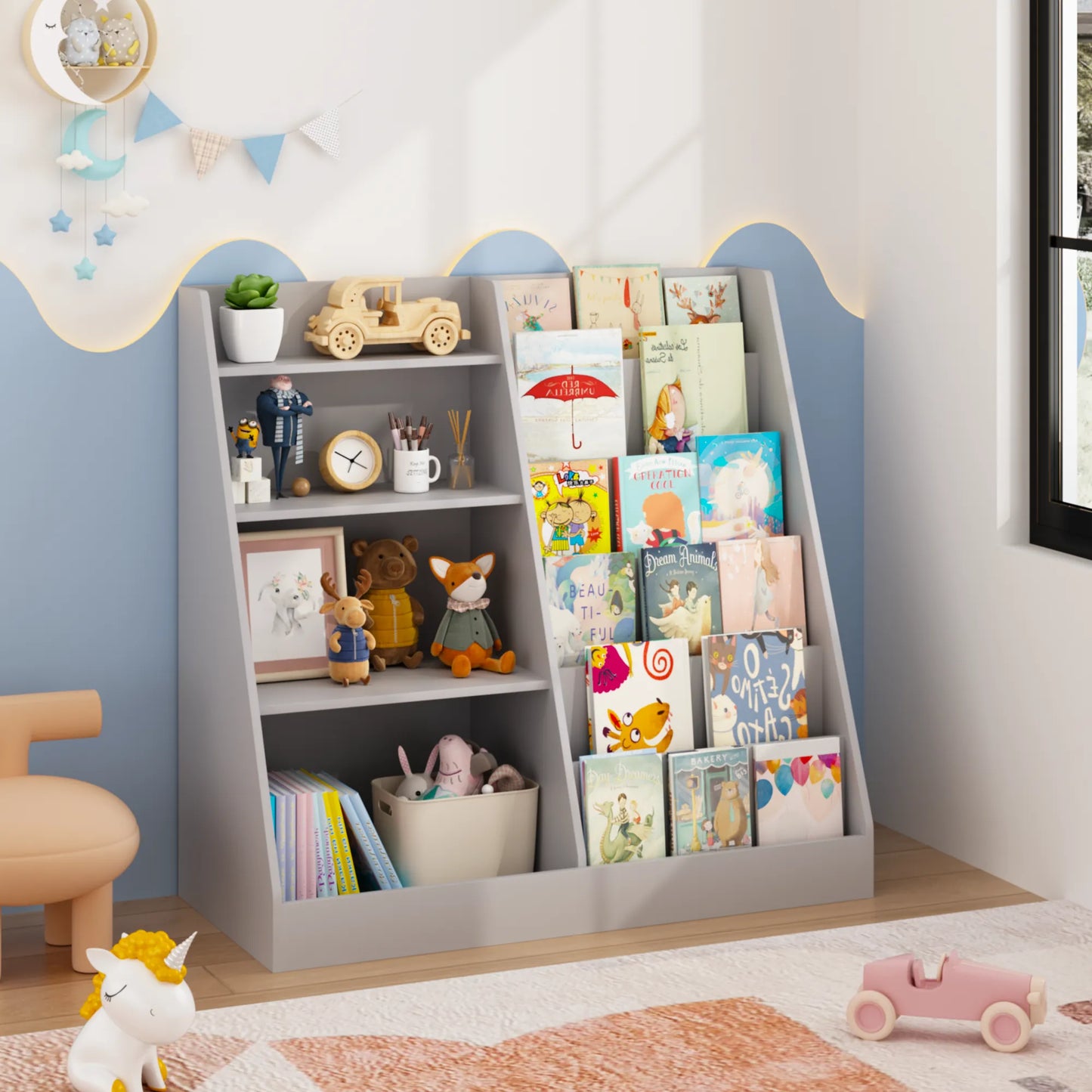 4-Tier Kids Bookshelf and Toy Storage Organizer – Gray – view 7
