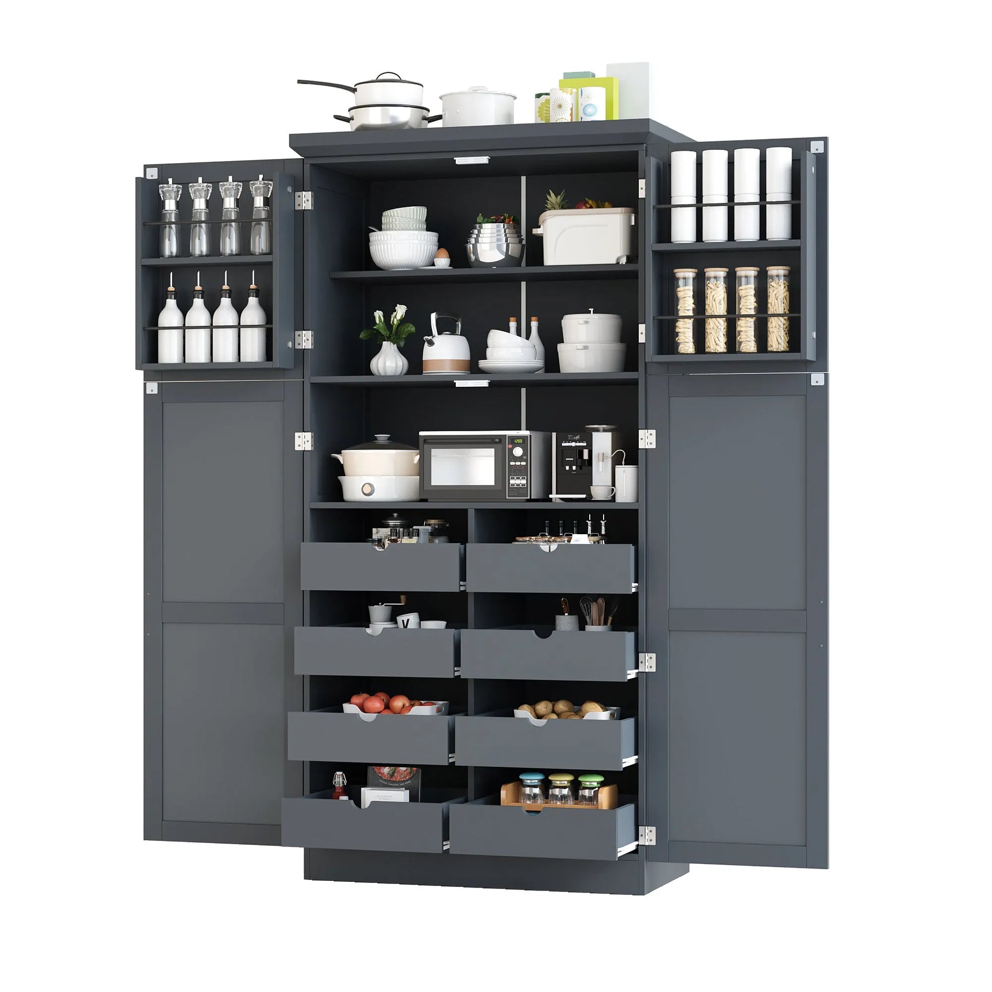 70.9-Inch Freestanding Kitchen Pantry Cabinet with Pull-Out Trays – Gray – view 8