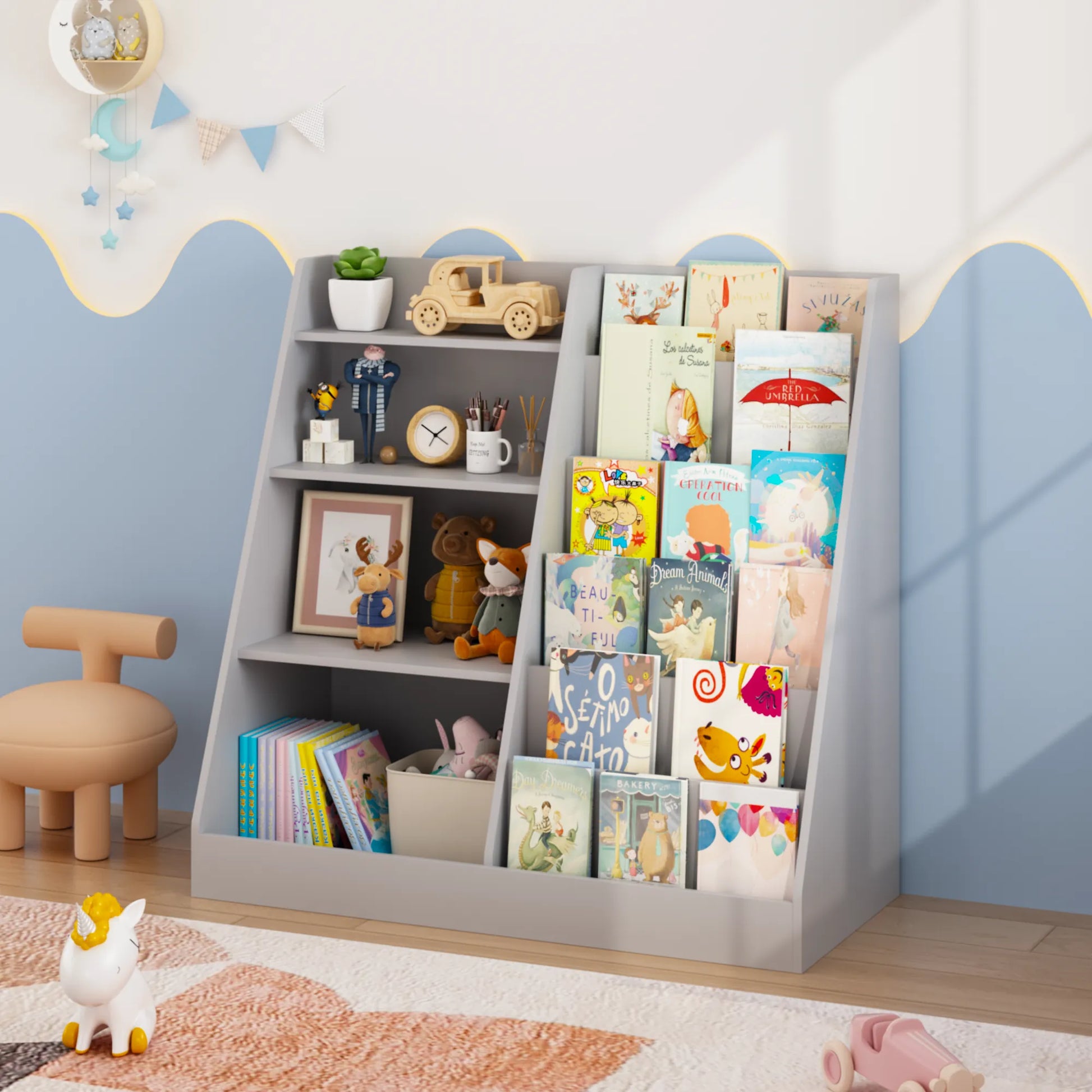 4-Tier Kids Bookshelf and Toy Storage Organizer – Gray – view 8