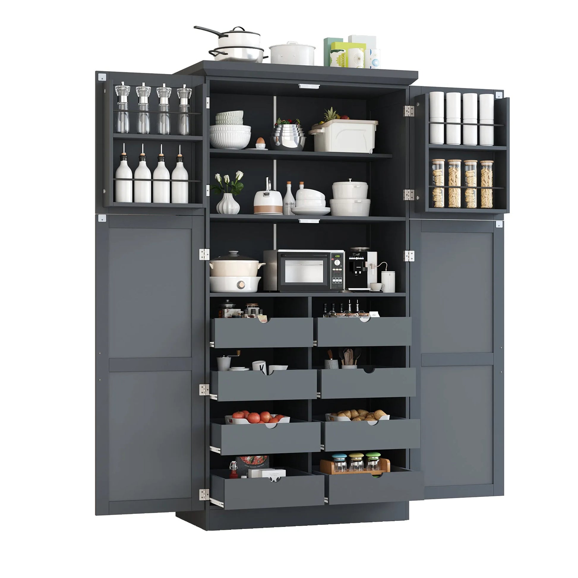 70.9-Inch Freestanding Kitchen Pantry Cabinet with Pull-Out Trays – Gray – view 9