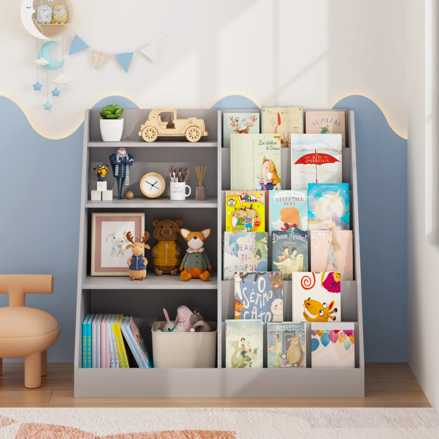 4-Tier Kids Bookshelf and Toy Storage Organizer – Gray – view 9