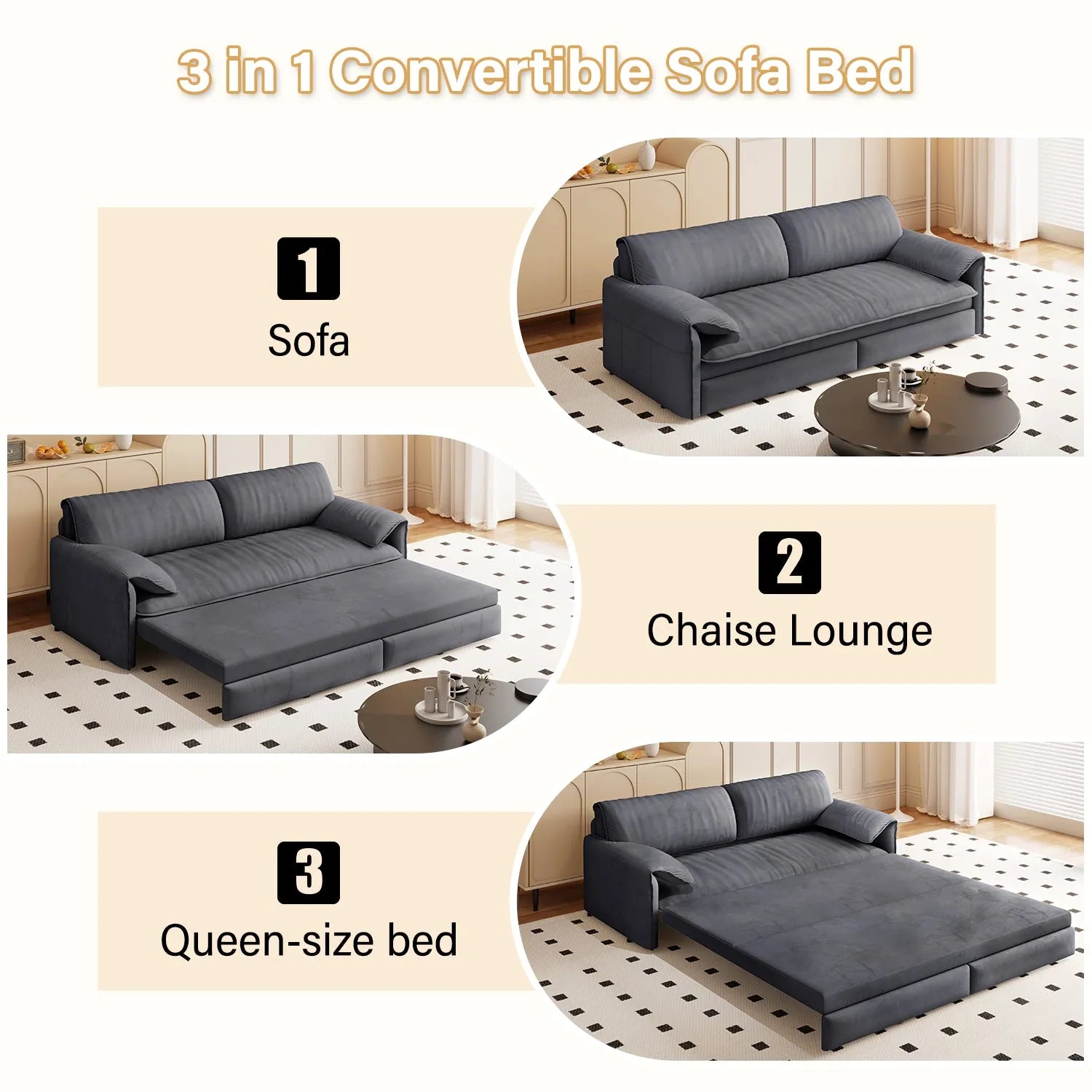 66-Inch Velvet Pull-Out Sofa Bed with Side Storage – Beige / White – view 10