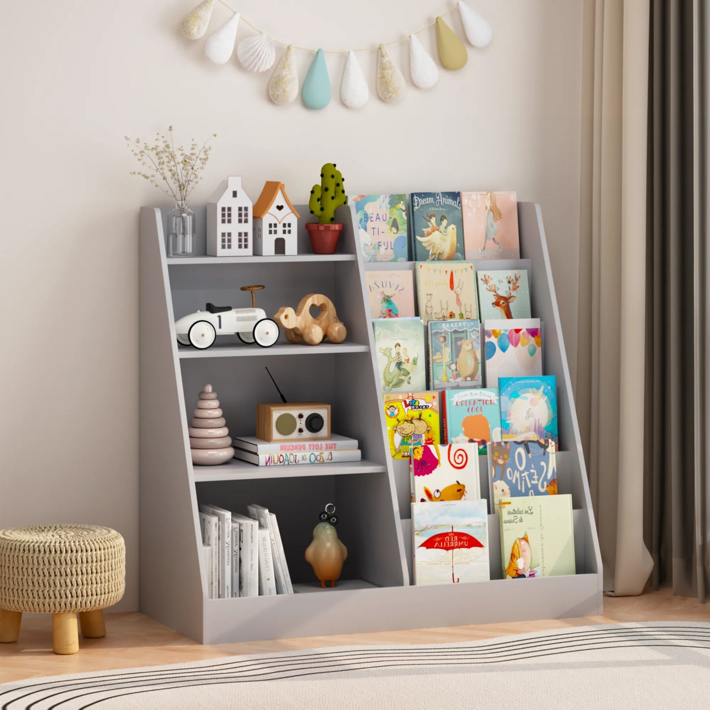 4-Tier Kids Bookshelf and Toy Storage Organizer – Gray – view 10