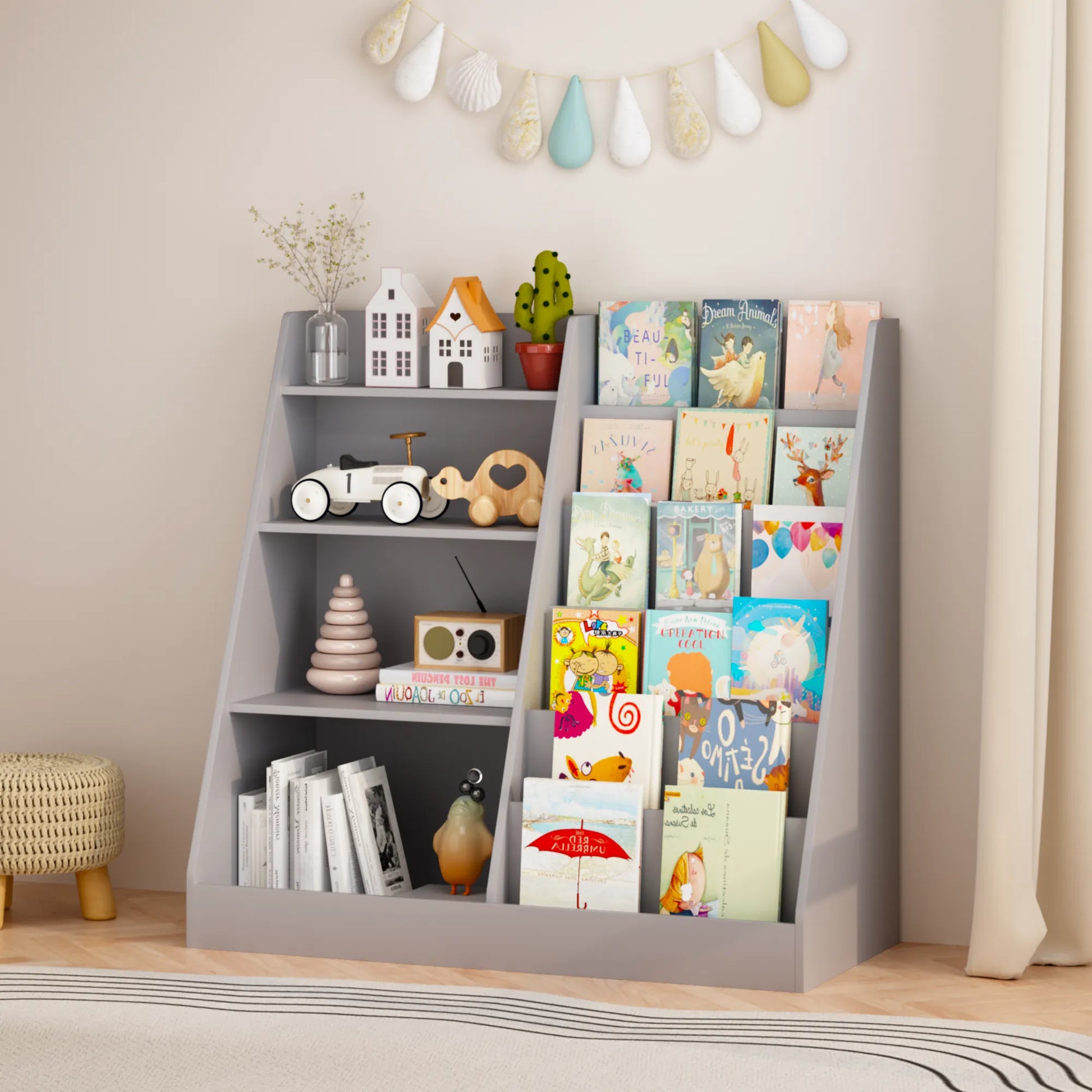 4-Tier Kids Bookshelf and Toy Storage Organizer – Gray – view 11