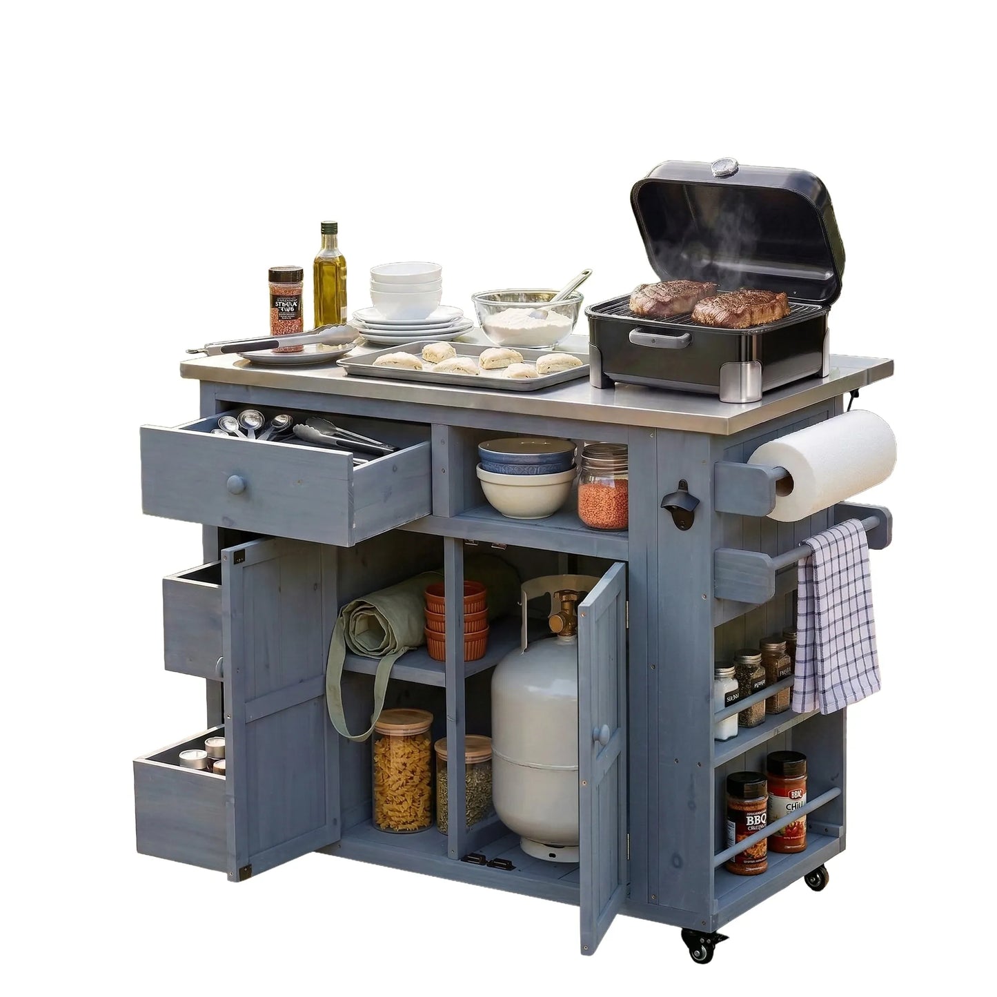 Extendable Outdoor Kitchen Island with Stainless-Steel Top – Gray – view 12