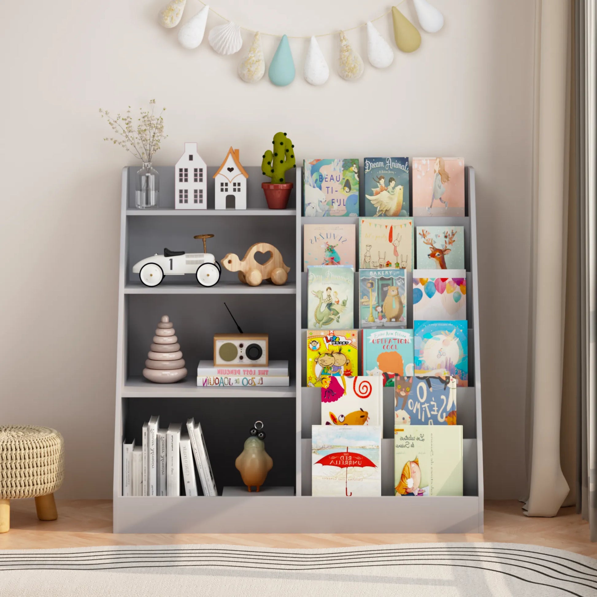 4-Tier Kids Bookshelf and Toy Storage Organizer – Gray – view 12