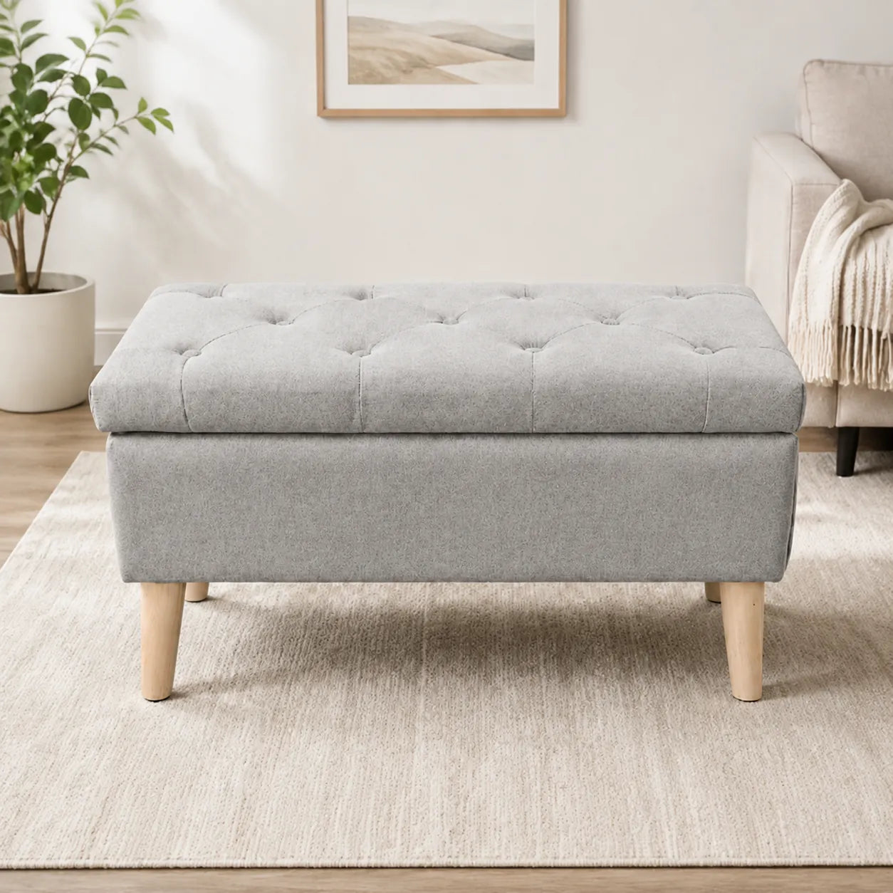 32-Inch Upholstered Storage Ottoman Bench with Built-In Tray – Gray Linen – view 1