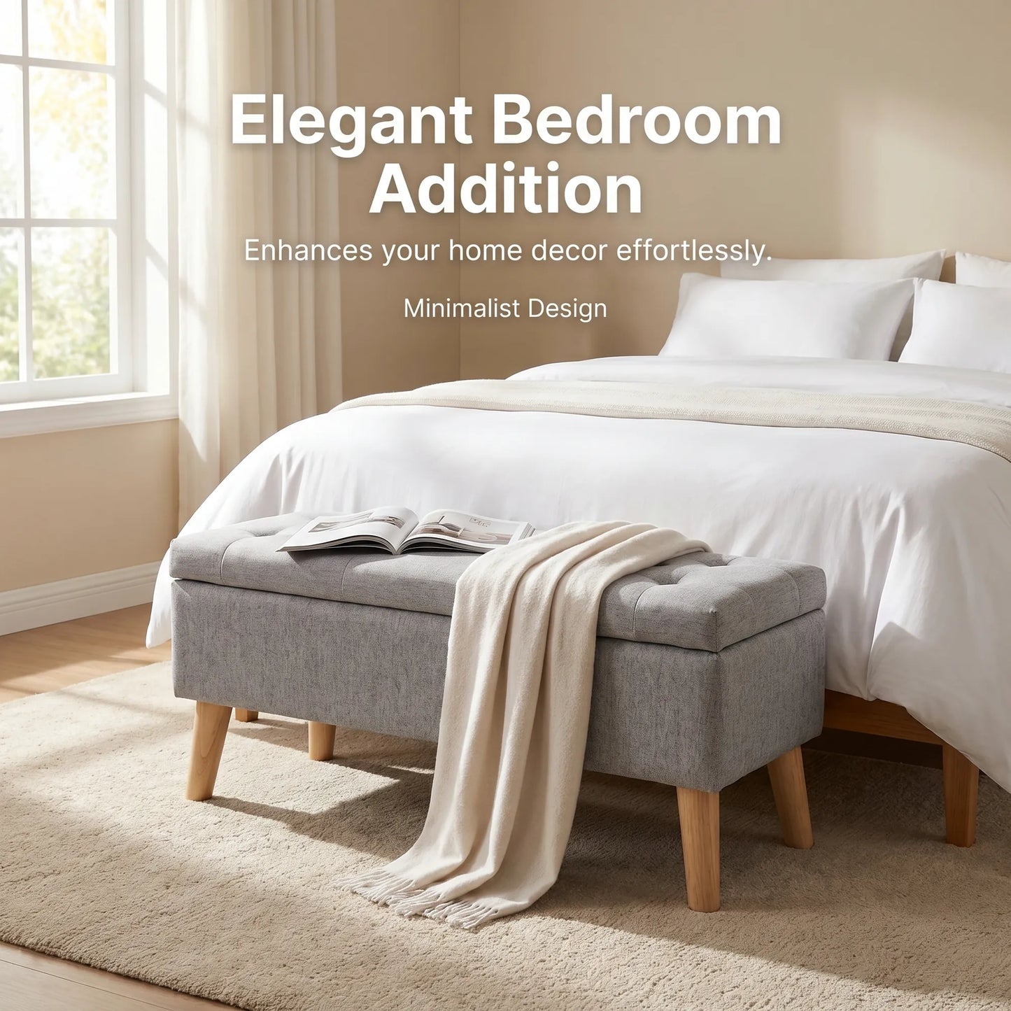 32-Inch Upholstered Storage Ottoman Bench with Built-In Tray – Gray Linen – view 3
