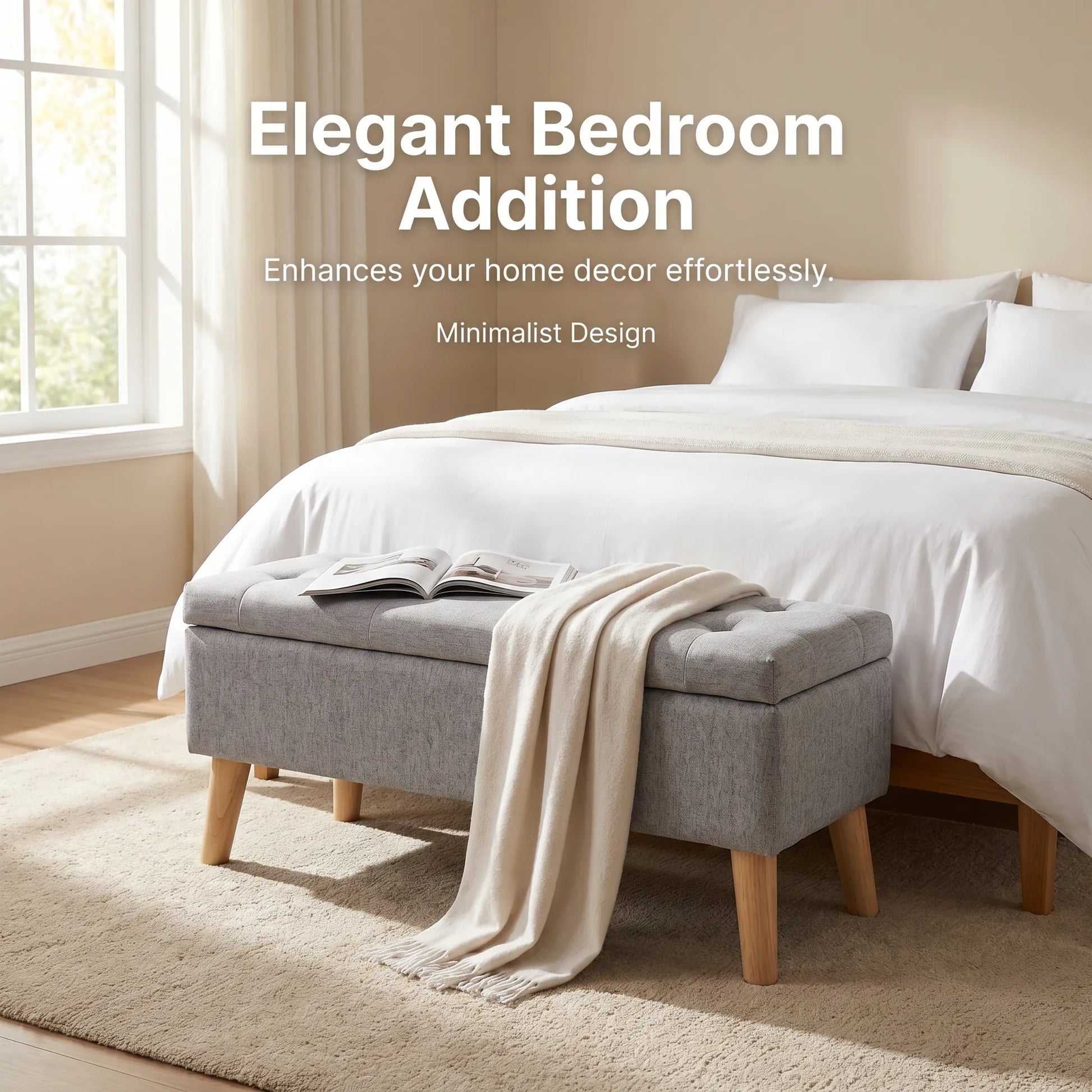 32-Inch Upholstered Storage Ottoman Bench with Built-In Tray – Gray Linen – view 3