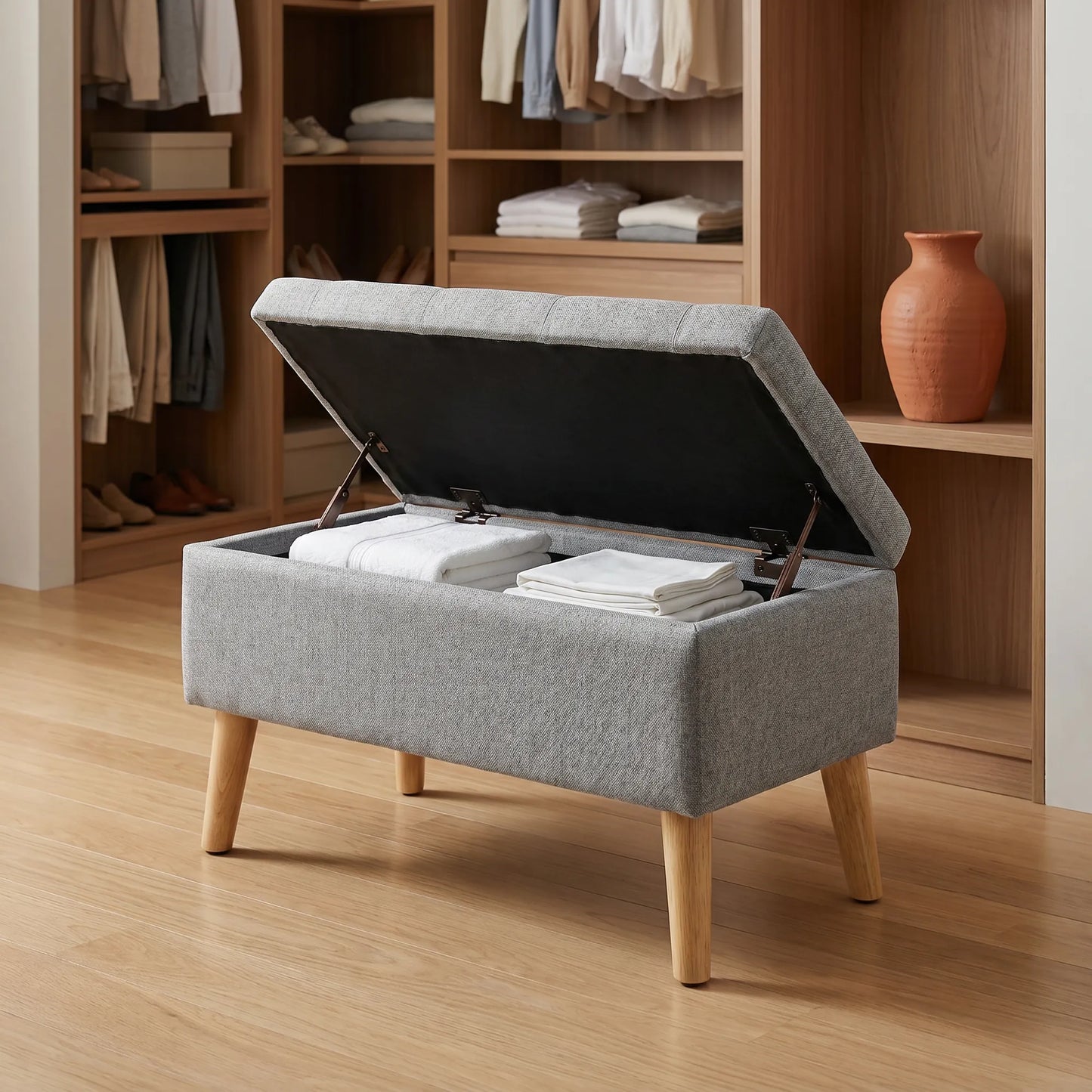 32-Inch Upholstered Storage Ottoman Bench with Built-In Tray – Gray Linen – view 4