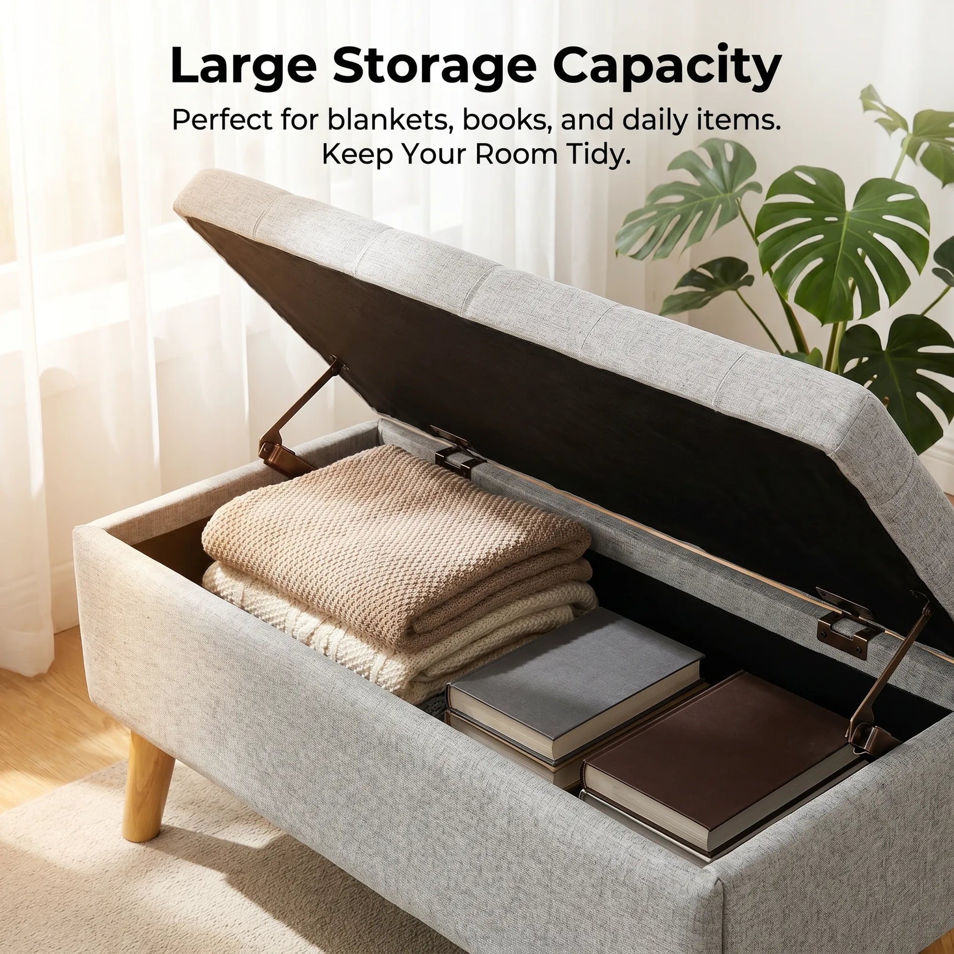 32-Inch Upholstered Storage Ottoman Bench with Built-In Tray – Gray Linen – view 6