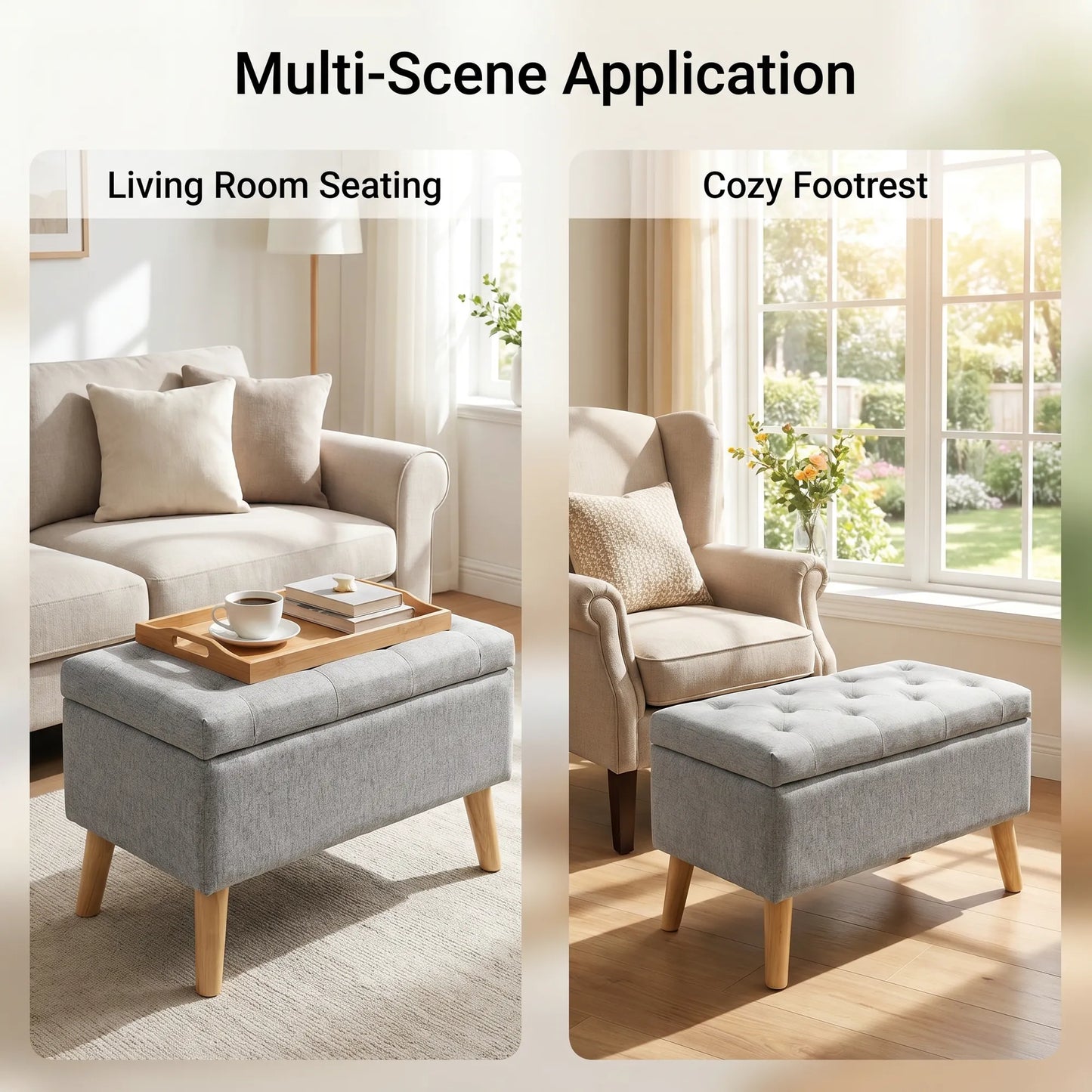 32-Inch Upholstered Storage Ottoman Bench with Built-In Tray – Gray Linen – view 7