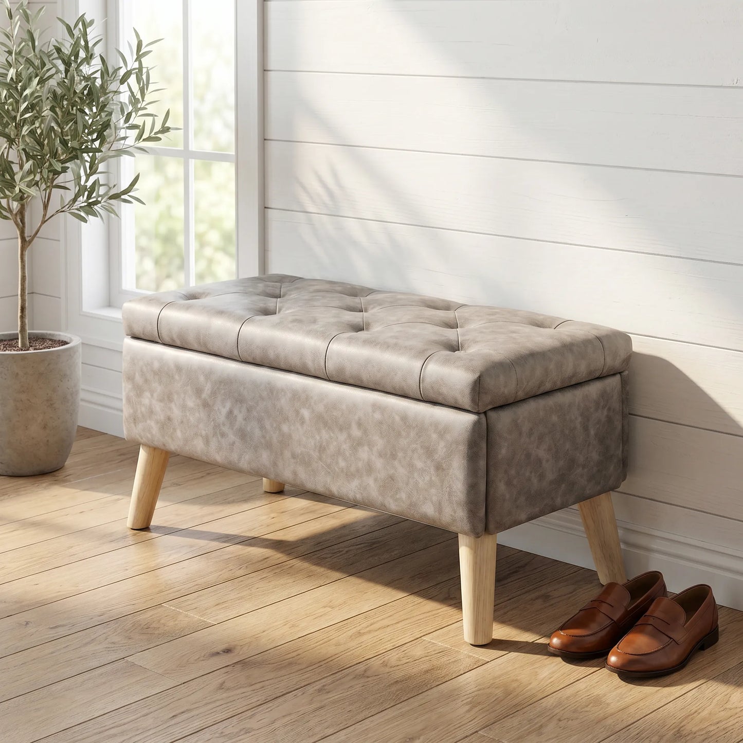 32-Inch Upholstered Storage Ottoman Bench with Built-In Tray – Gray Snowflake Velvet – view 1