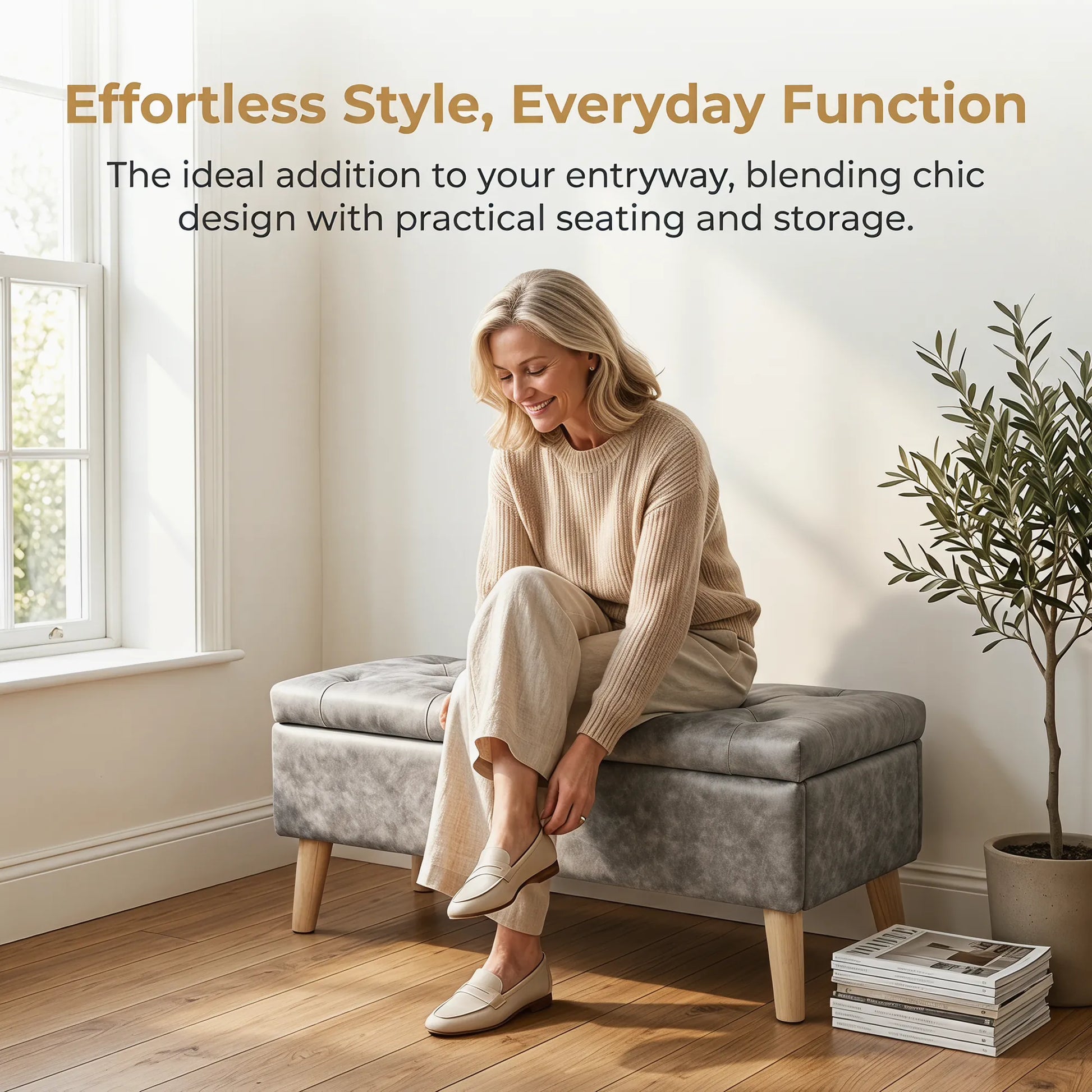 32-Inch Upholstered Storage Ottoman Bench with Built-In Tray – Gray Snowflake Velvet – view 2