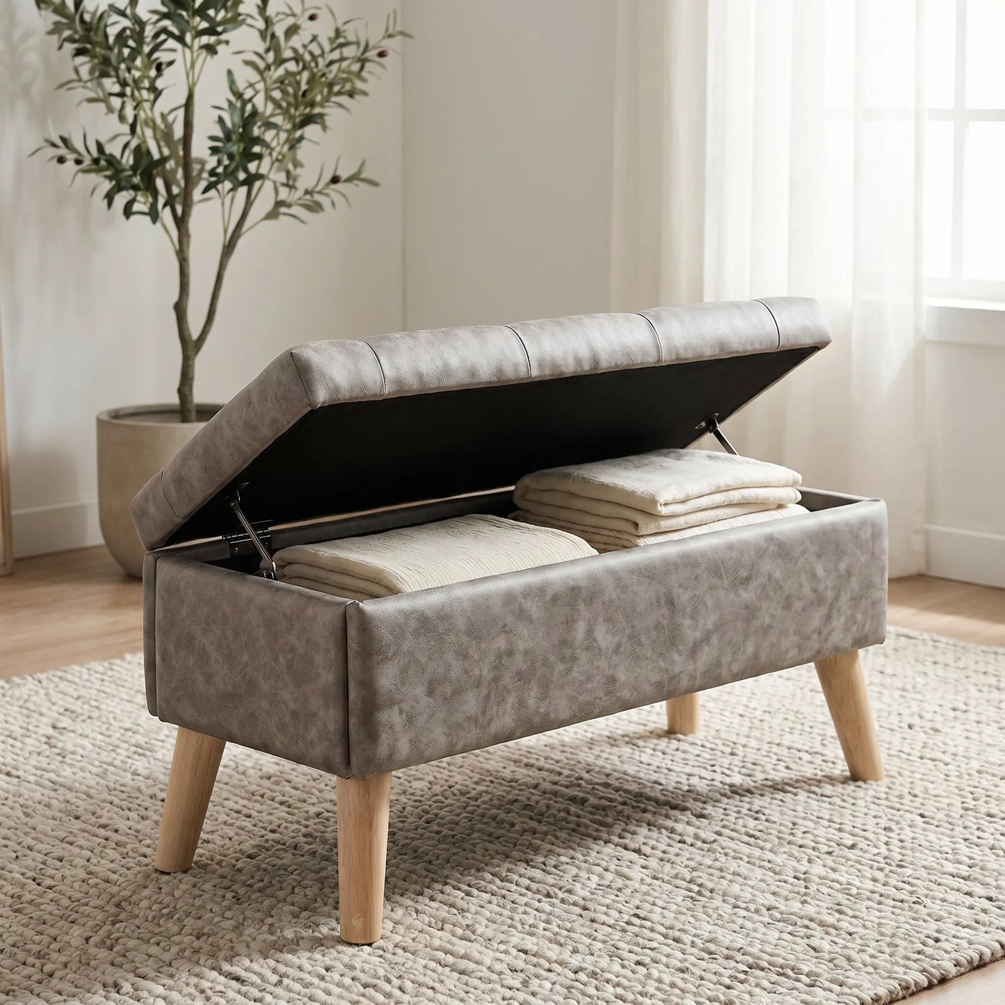 32-Inch Upholstered Storage Ottoman Bench with Built-In Tray – Gray Snowflake Velvet – view 3