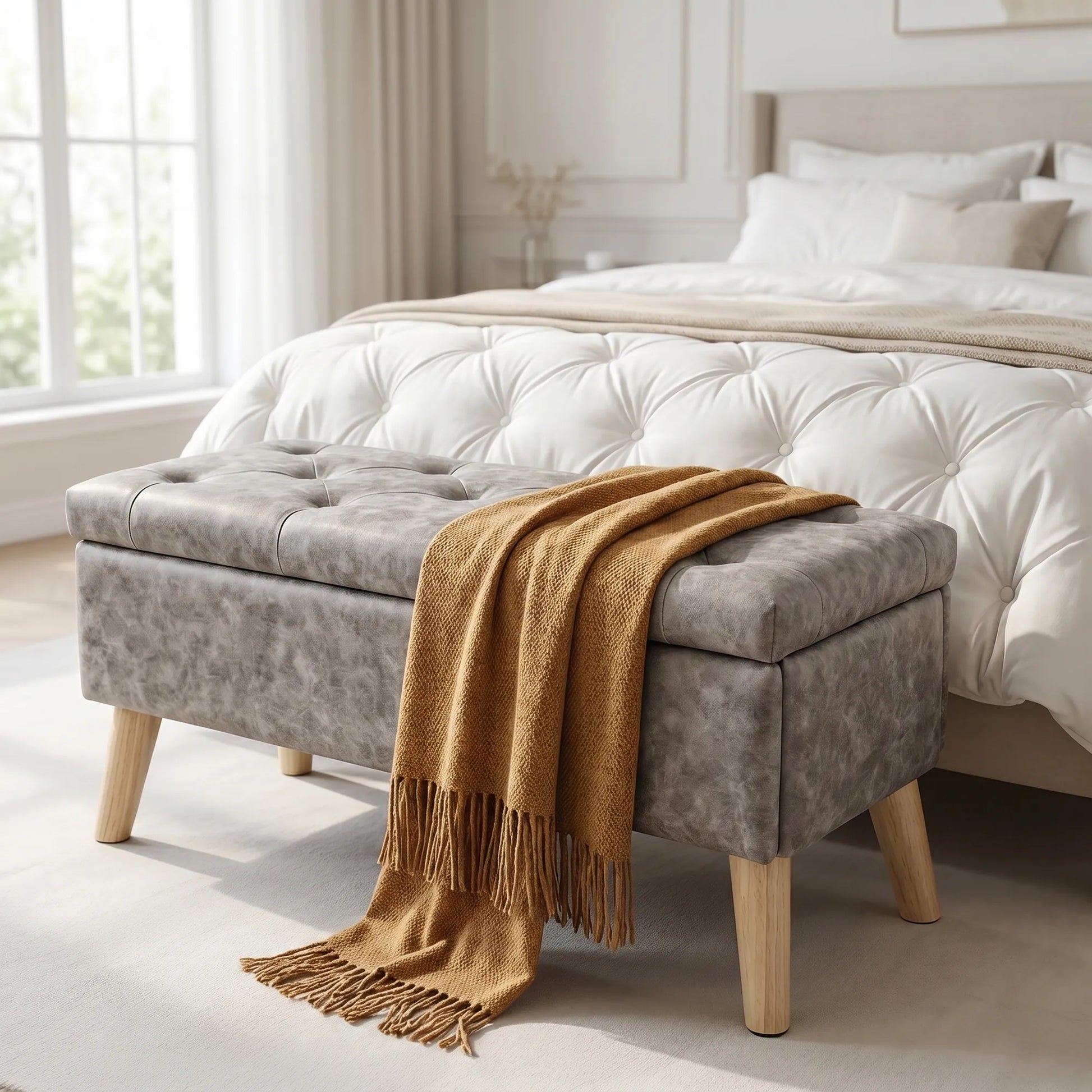 32-Inch Upholstered Storage Ottoman Bench with Built-In Tray – Gray Snowflake Velvet – view 4