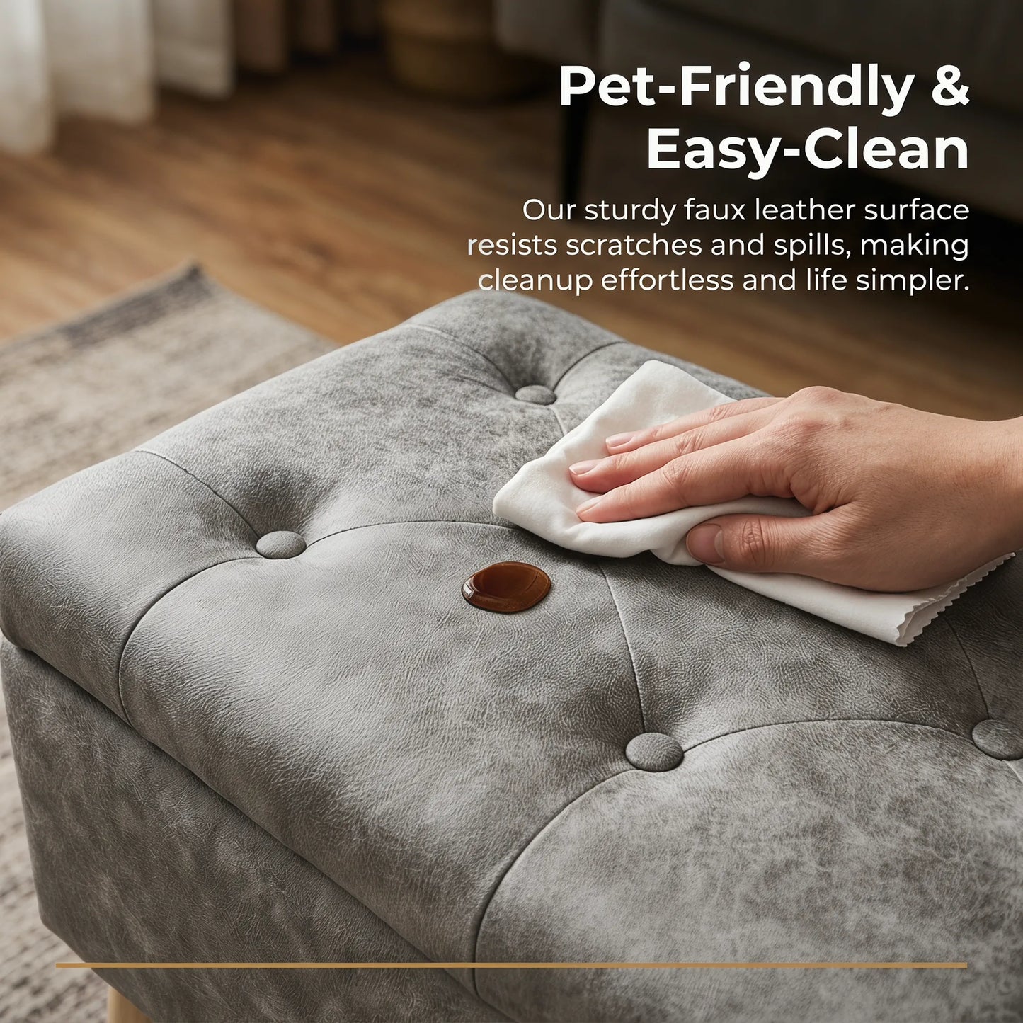 32-Inch Upholstered Storage Ottoman Bench with Built-In Tray – Gray Snowflake Velvet – view 6