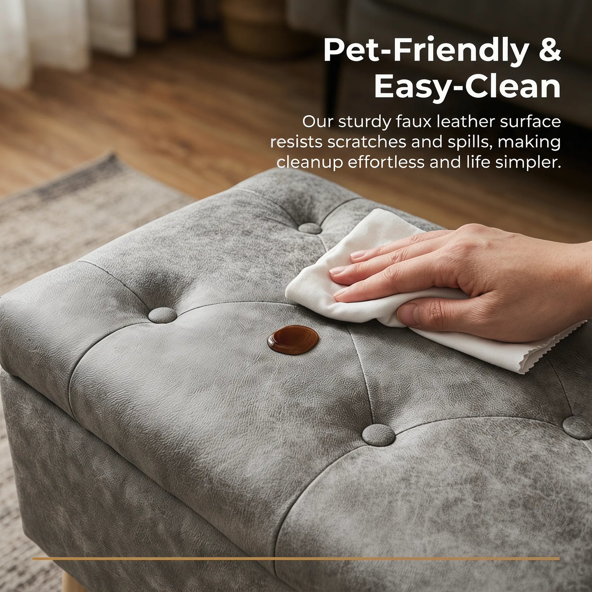 32-Inch Upholstered Storage Ottoman Bench with Built-In Tray – Gray Snowflake Velvet – view 6