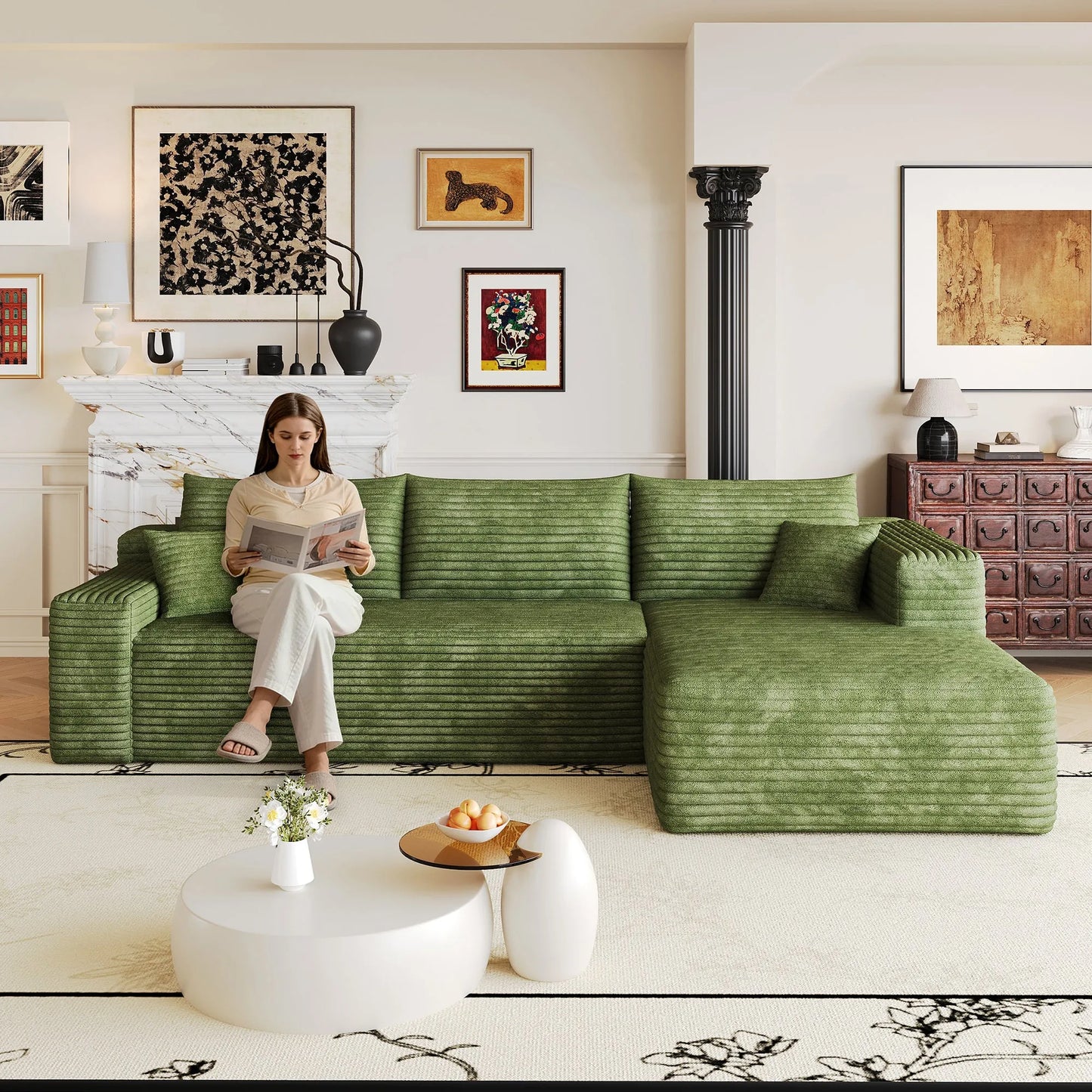 103-Inch Corduroy L-Shaped Cloud Sectional Sofa – Green – view 1