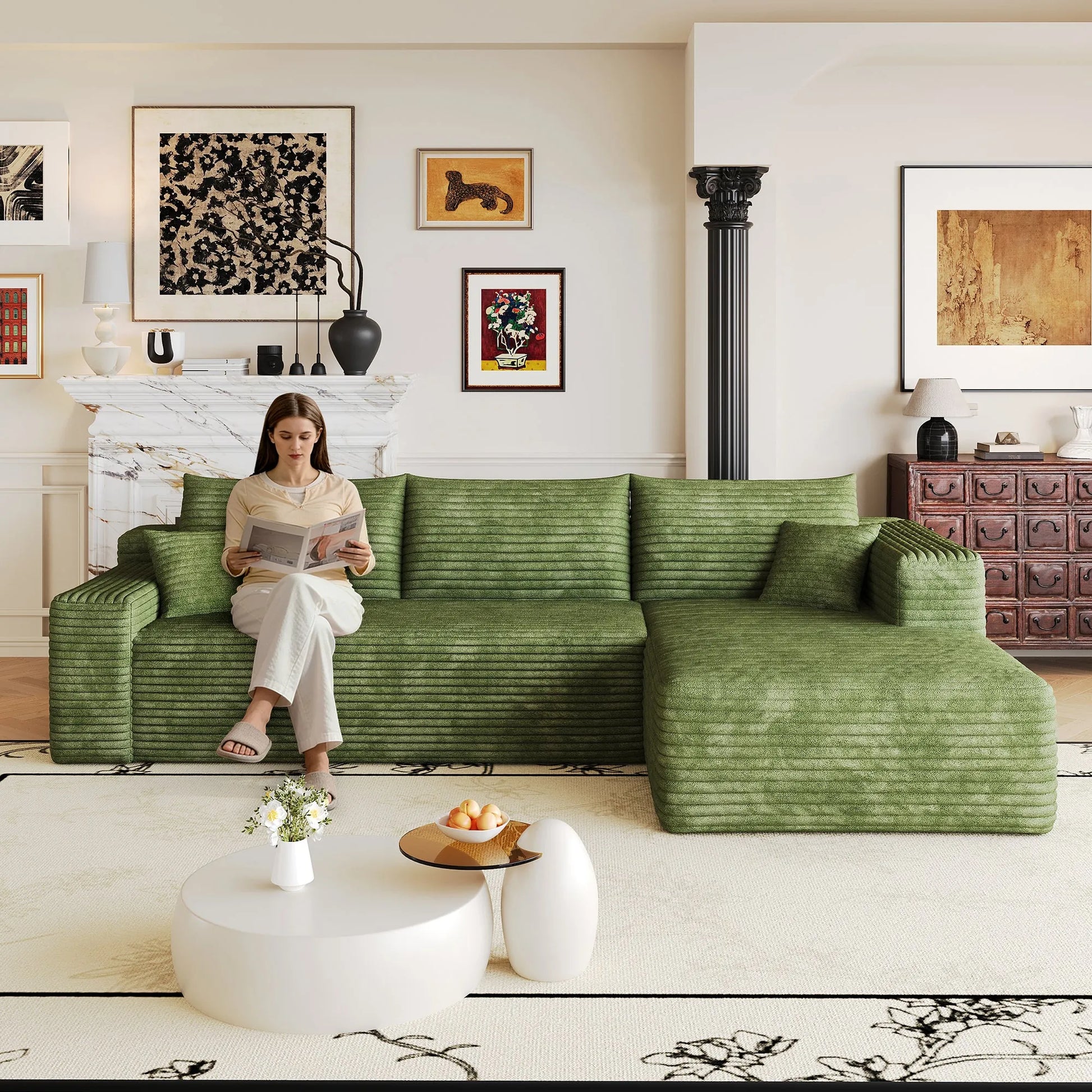 103-Inch Corduroy L-Shaped Cloud Sectional Sofa – Green – view 1