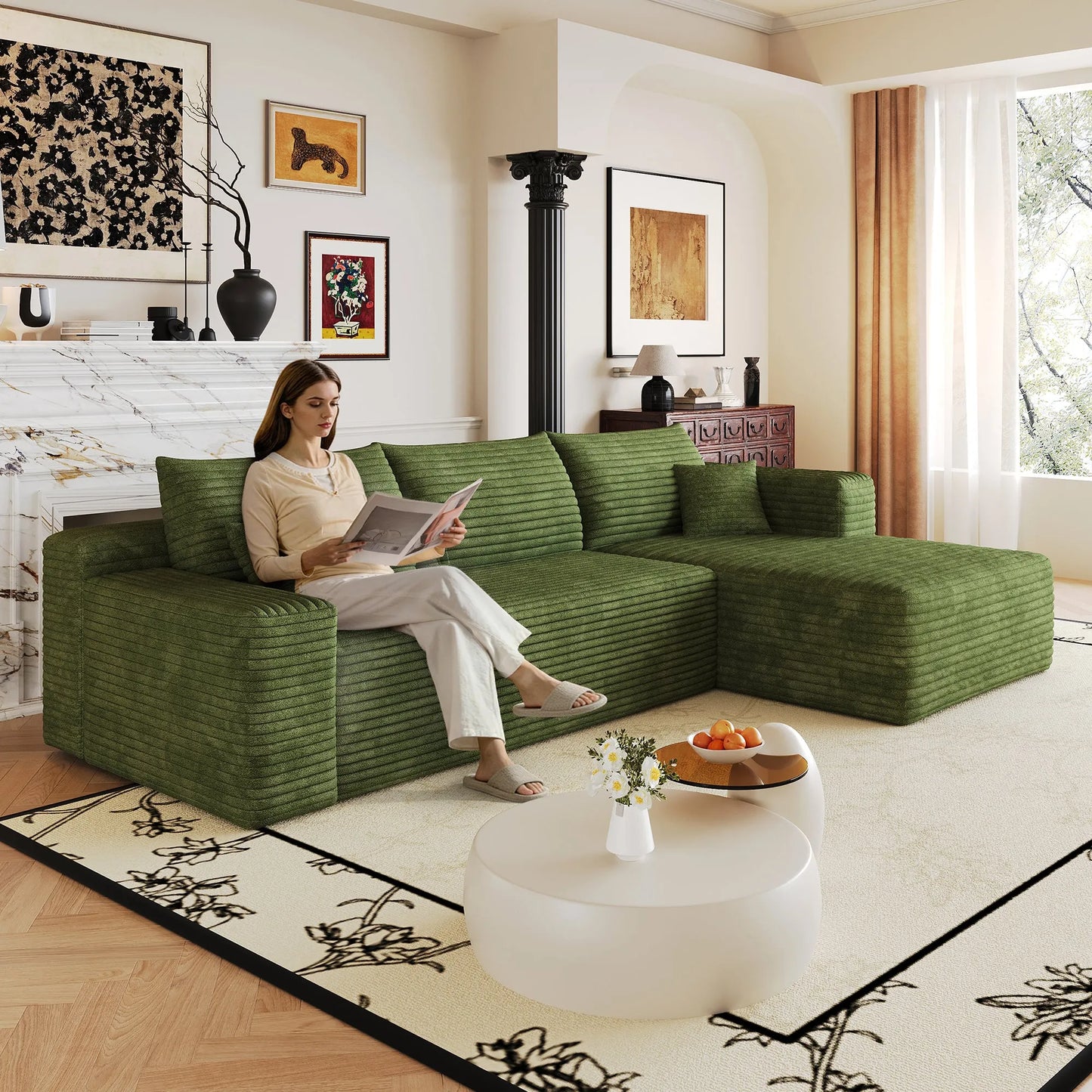 103-Inch Corduroy L-Shaped Cloud Sectional Sofa – Green – view 2