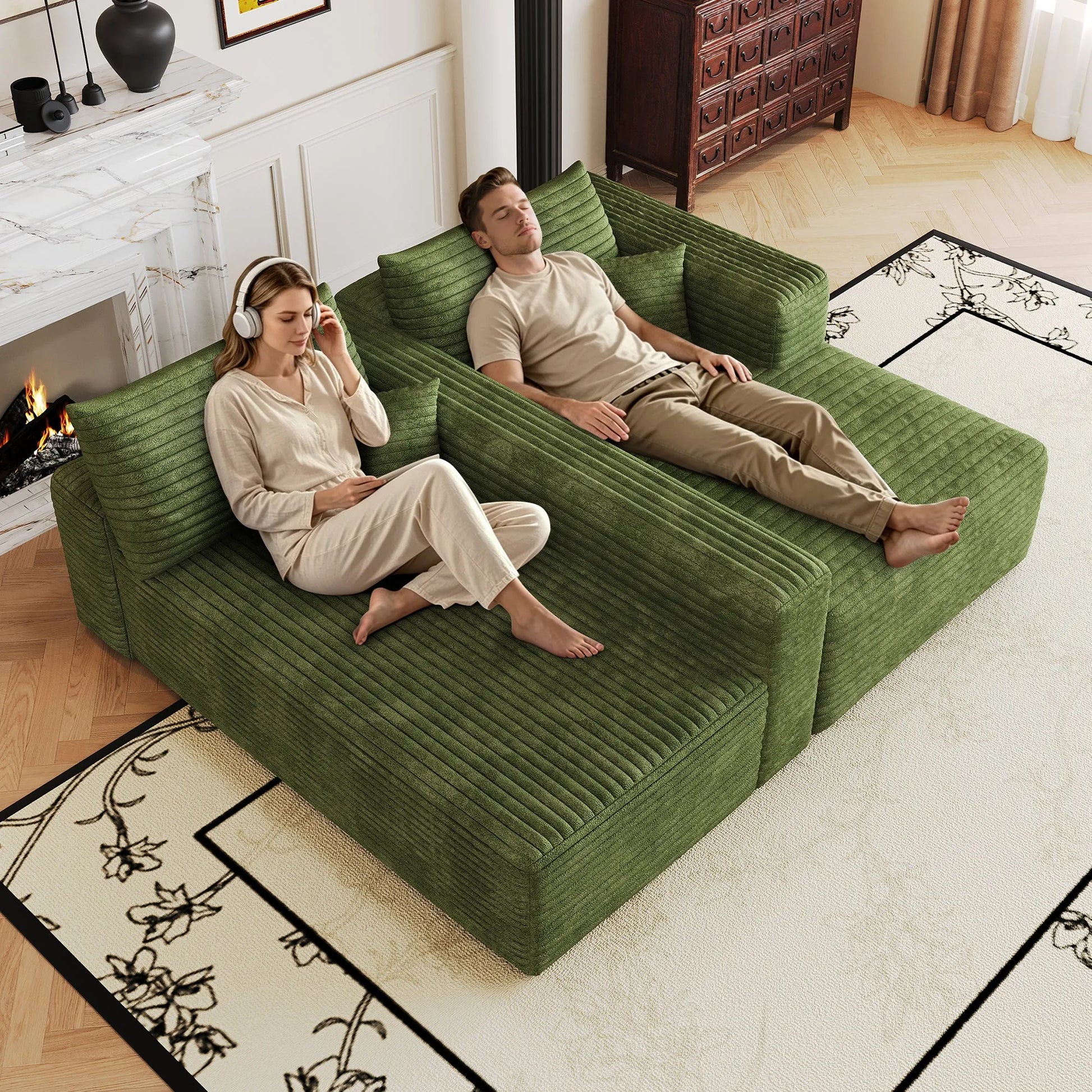 103-Inch Corduroy L-Shaped Cloud Sectional Sofa – Green – view 3