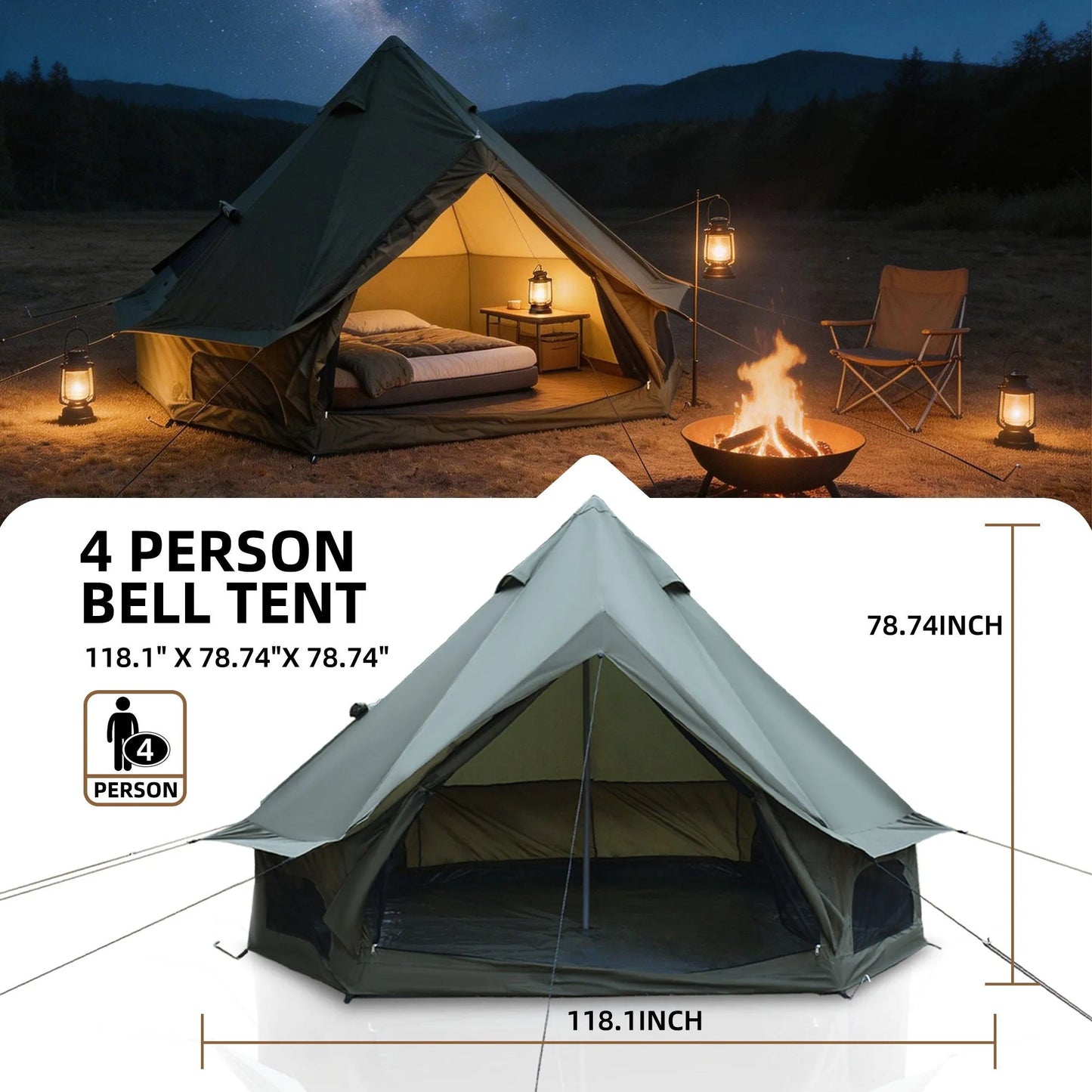 9.8-Foot Four-Season Bell Tent with Stove Jack – Green – view 3