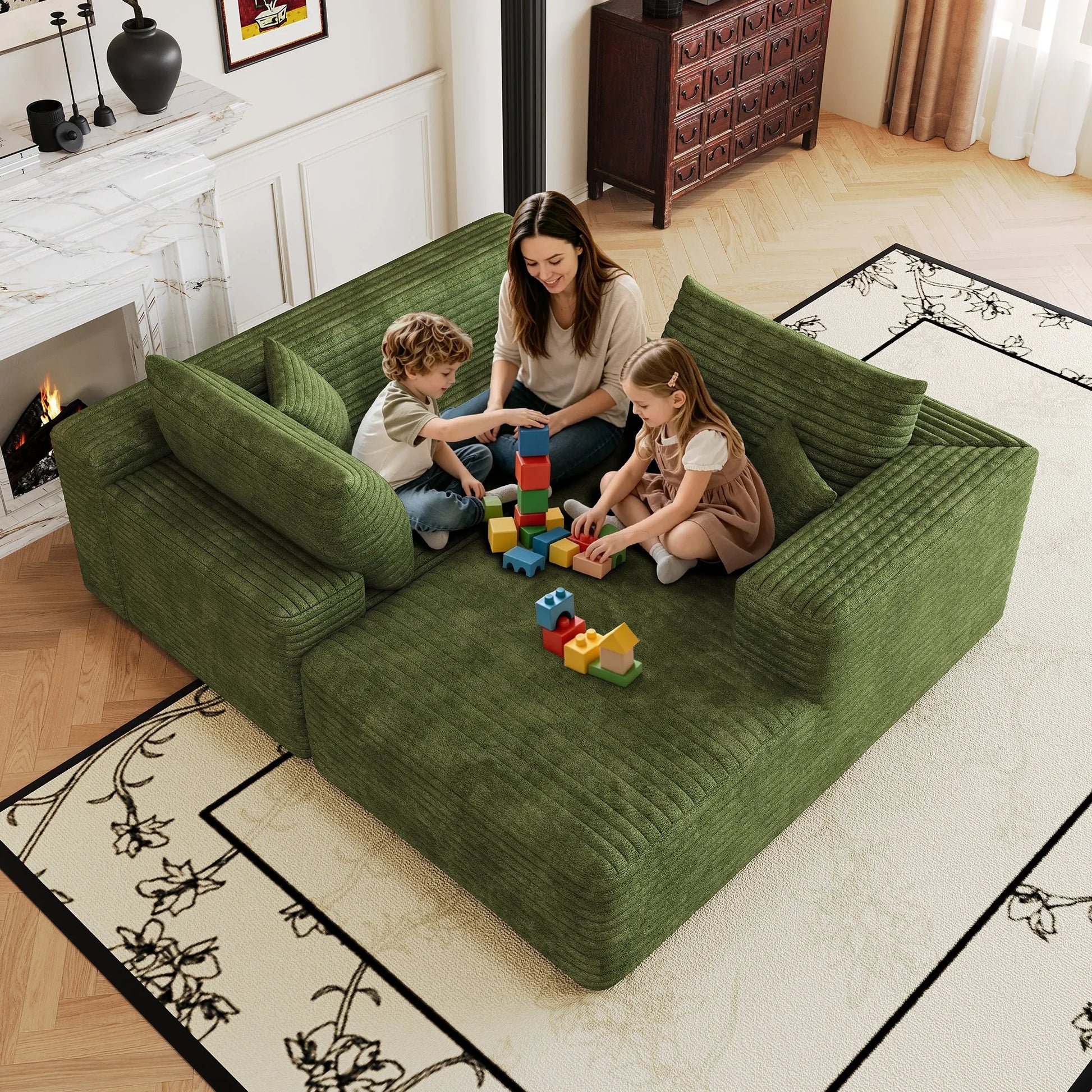 103-Inch Corduroy L-Shaped Cloud Sectional Sofa – Green – view 4