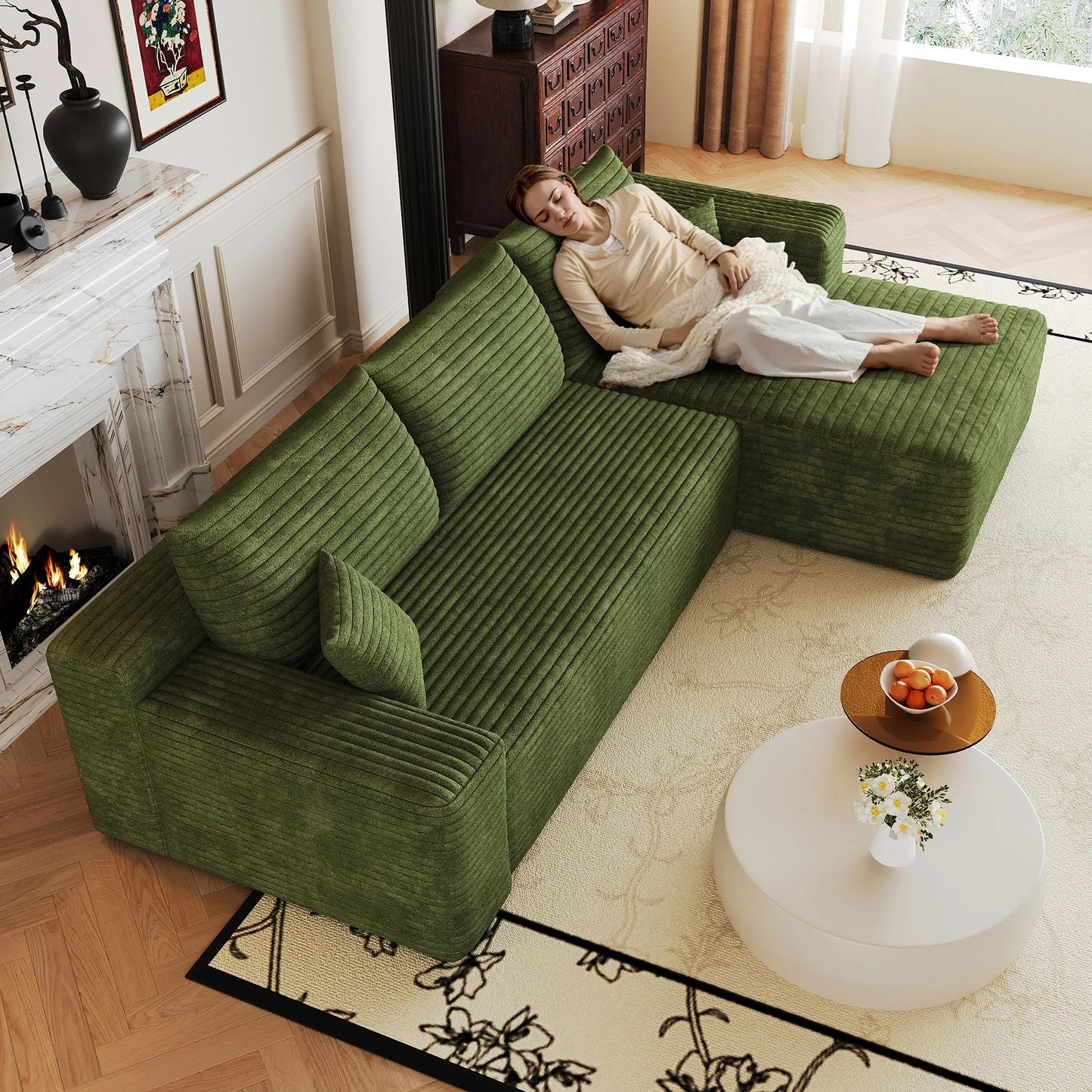 103-Inch Corduroy L-Shaped Cloud Sectional Sofa – Green – view 5