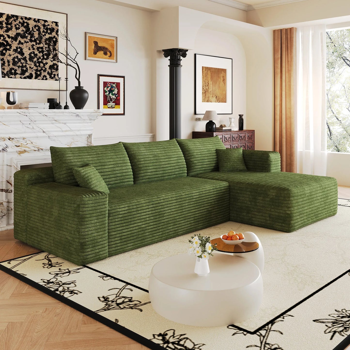 103-Inch Corduroy L-Shaped Cloud Sectional Sofa – Green – view 6