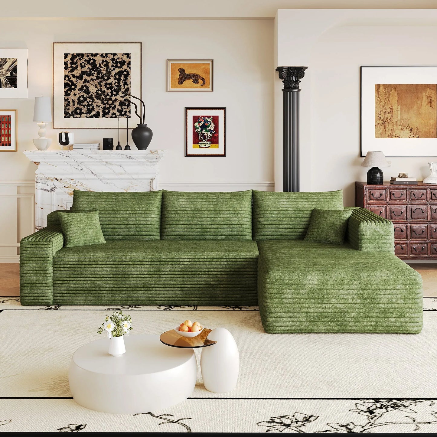 103-Inch Corduroy L-Shaped Cloud Sectional Sofa – Green – view 7