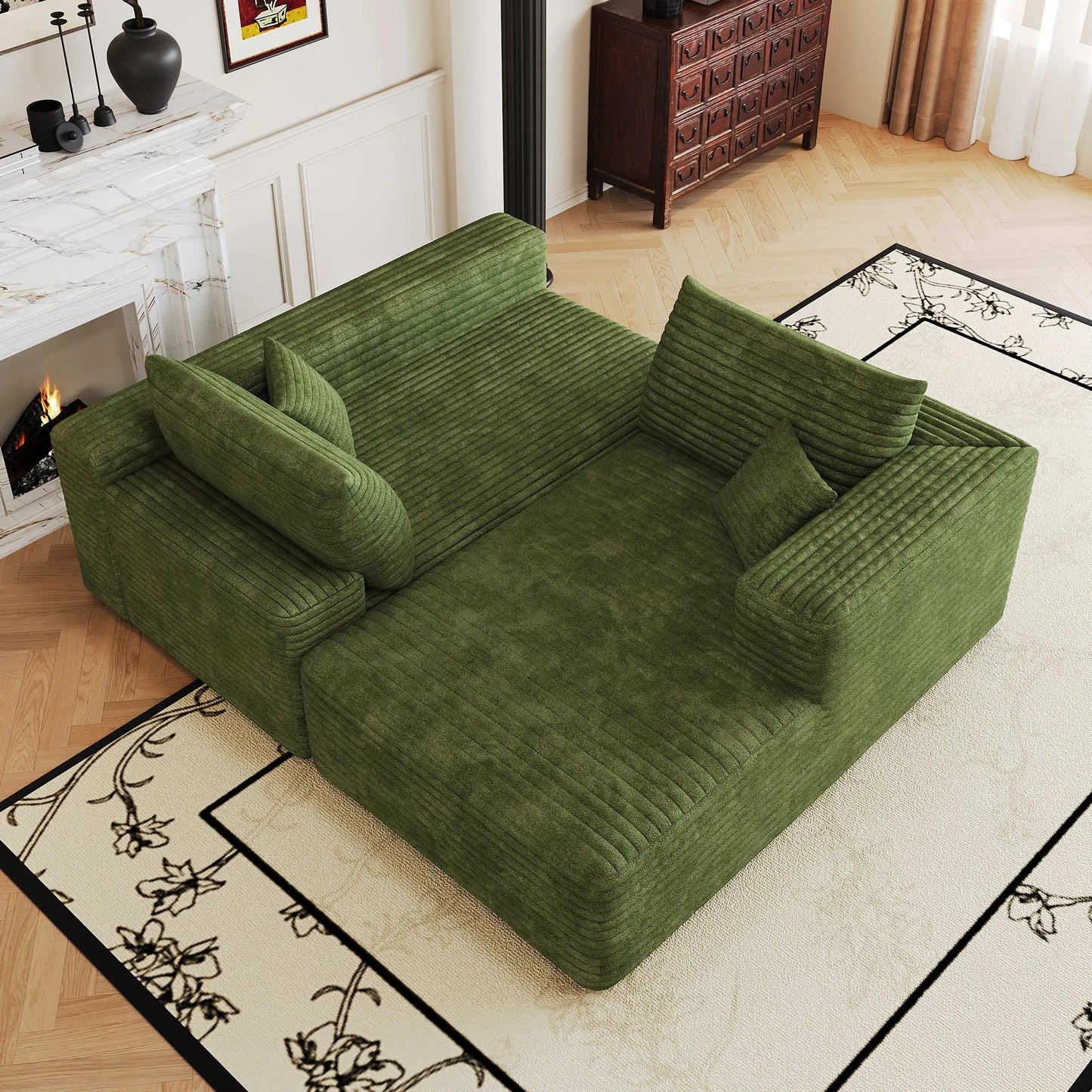 103-Inch Corduroy L-Shaped Cloud Sectional Sofa – Green – view 8