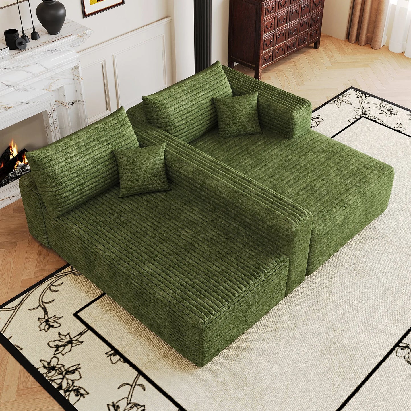103-Inch Corduroy L-Shaped Cloud Sectional Sofa – Green – view 9