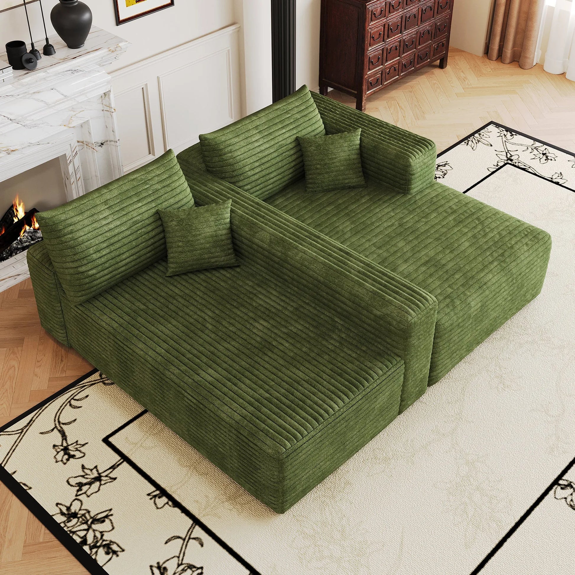 103-Inch Corduroy L-Shaped Cloud Sectional Sofa – Green – view 9