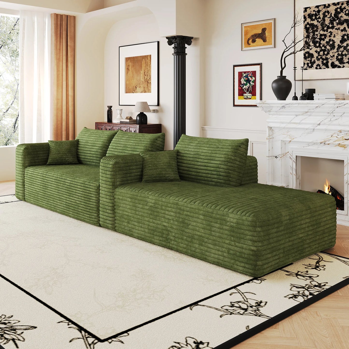 103-Inch Corduroy L-Shaped Cloud Sectional Sofa – Green – view 10