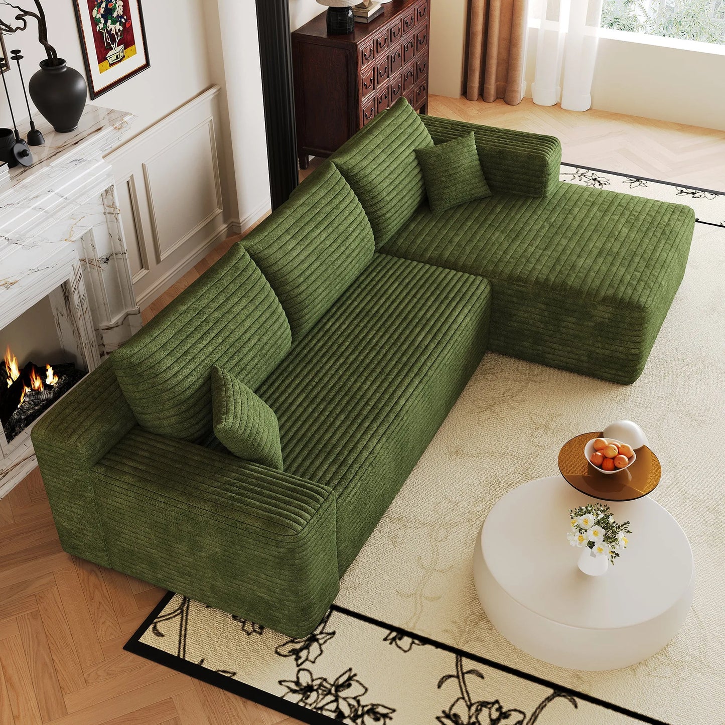 103-Inch Corduroy L-Shaped Cloud Sectional Sofa – Green – view 11