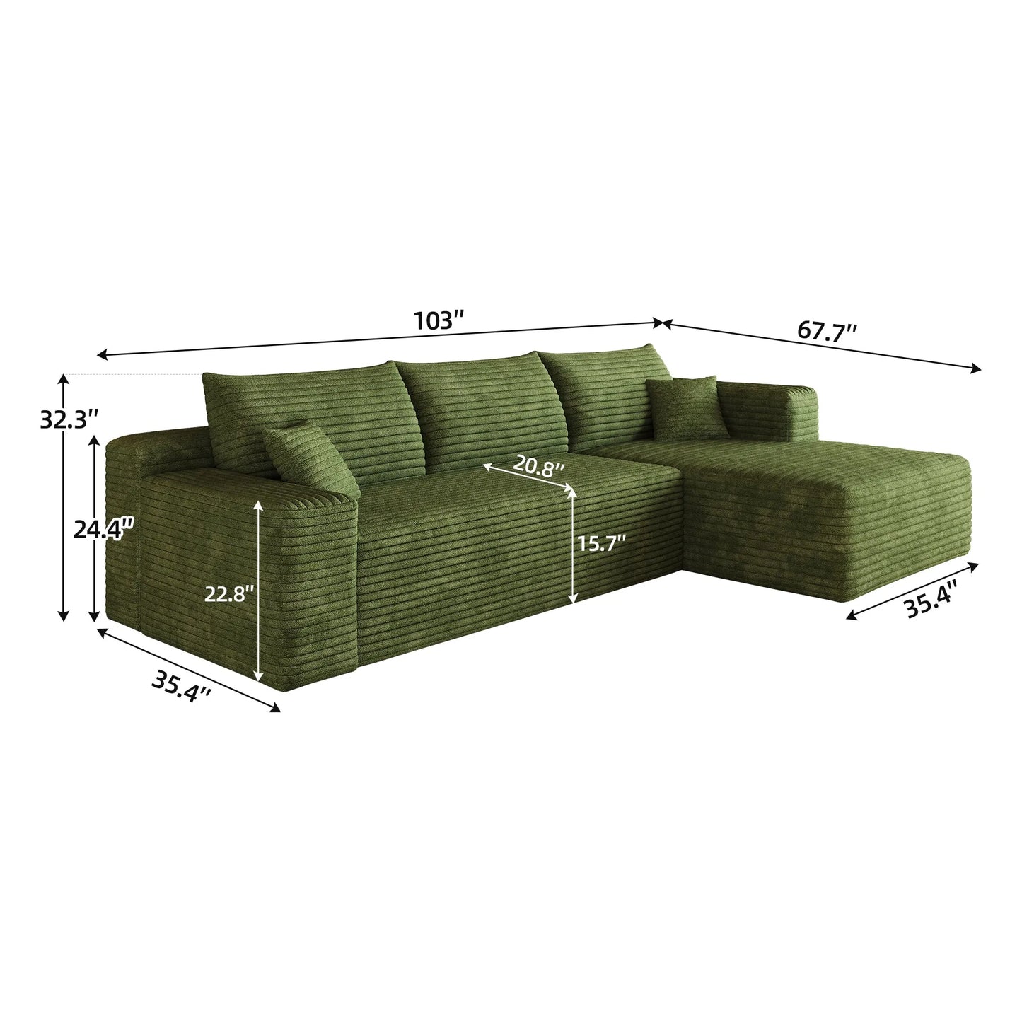103-Inch Corduroy L-Shaped Cloud Sectional Sofa – Green – view 12