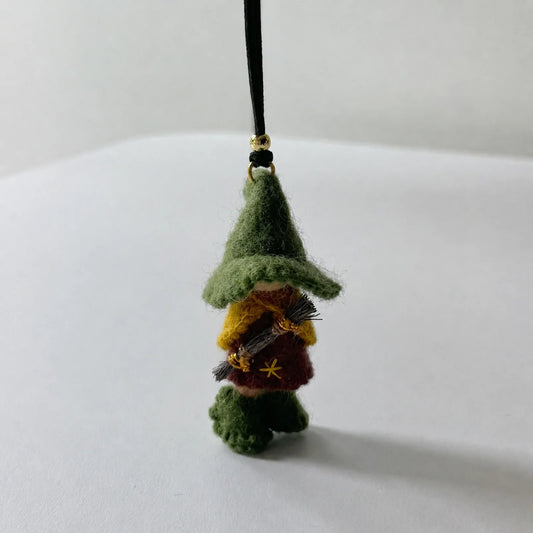 Green handmade wool felt witch bag charm with cord loop
