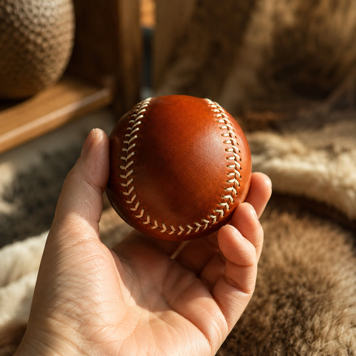 Coffee brown hand-stitched leather baseball held in one hand
