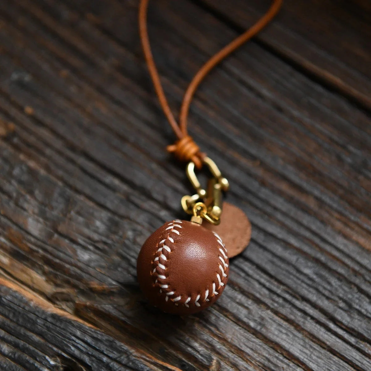 Brown leather baseball keychain