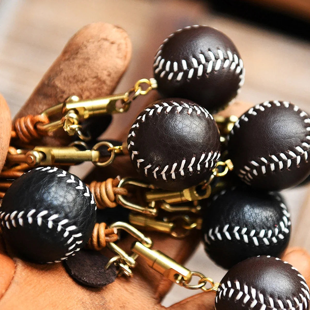 Leather baseball keychains in assorted colors