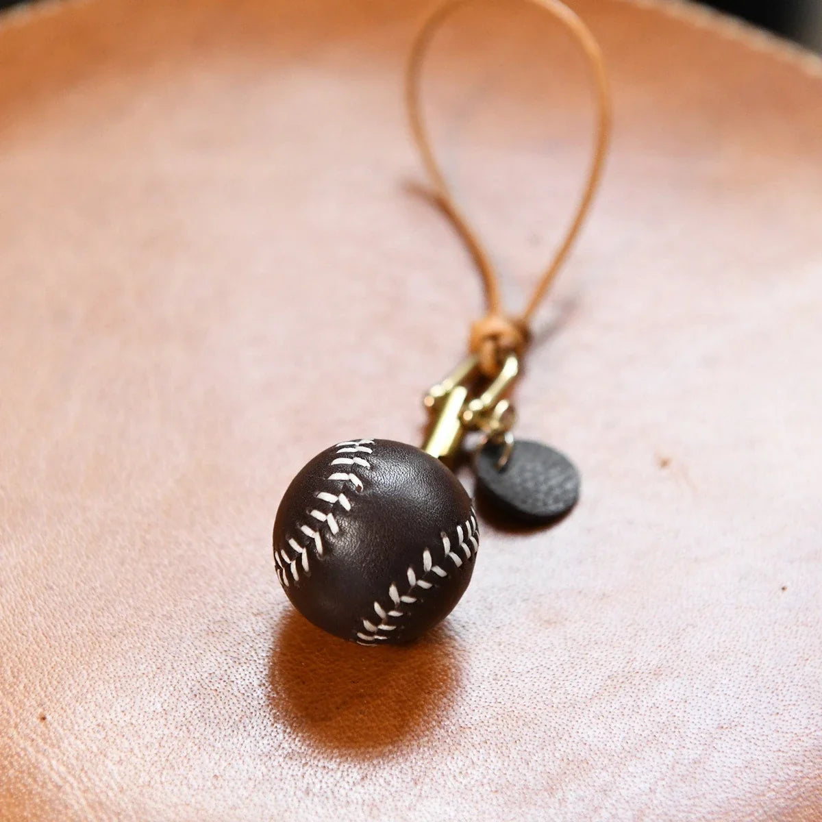 Dark Coffee leather baseball keychain