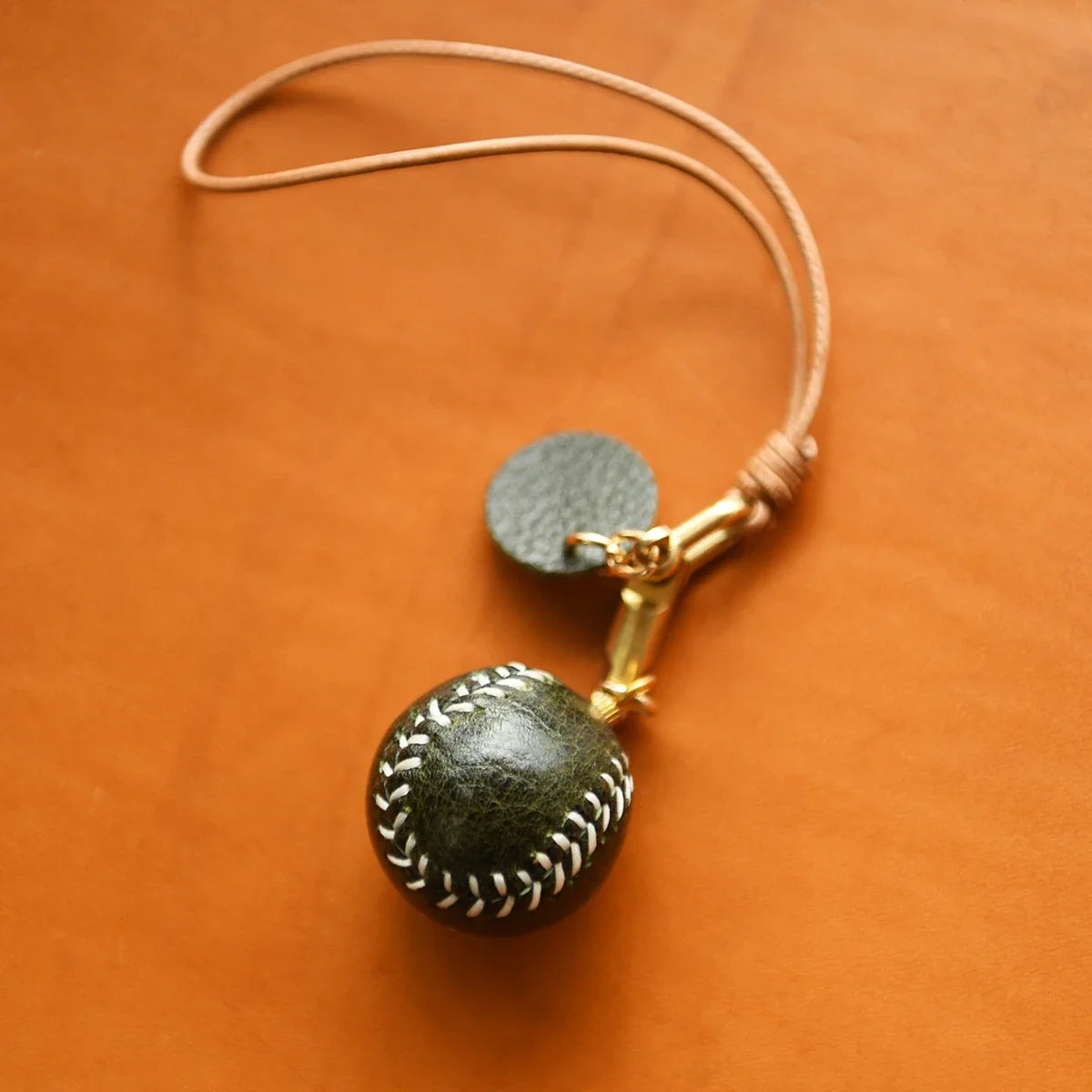 Olive Green leather baseball keychain