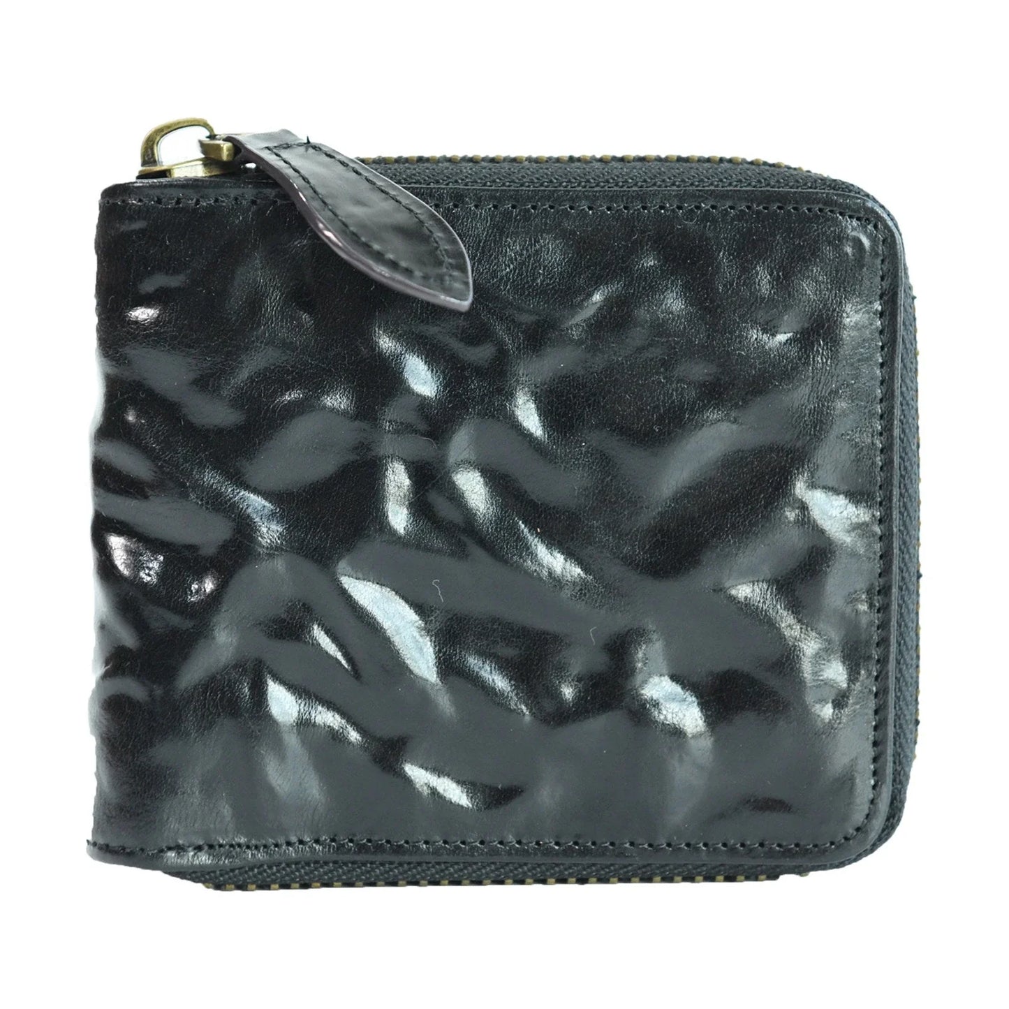 Studio front view of the black top-grain cowhide zip-around wallet