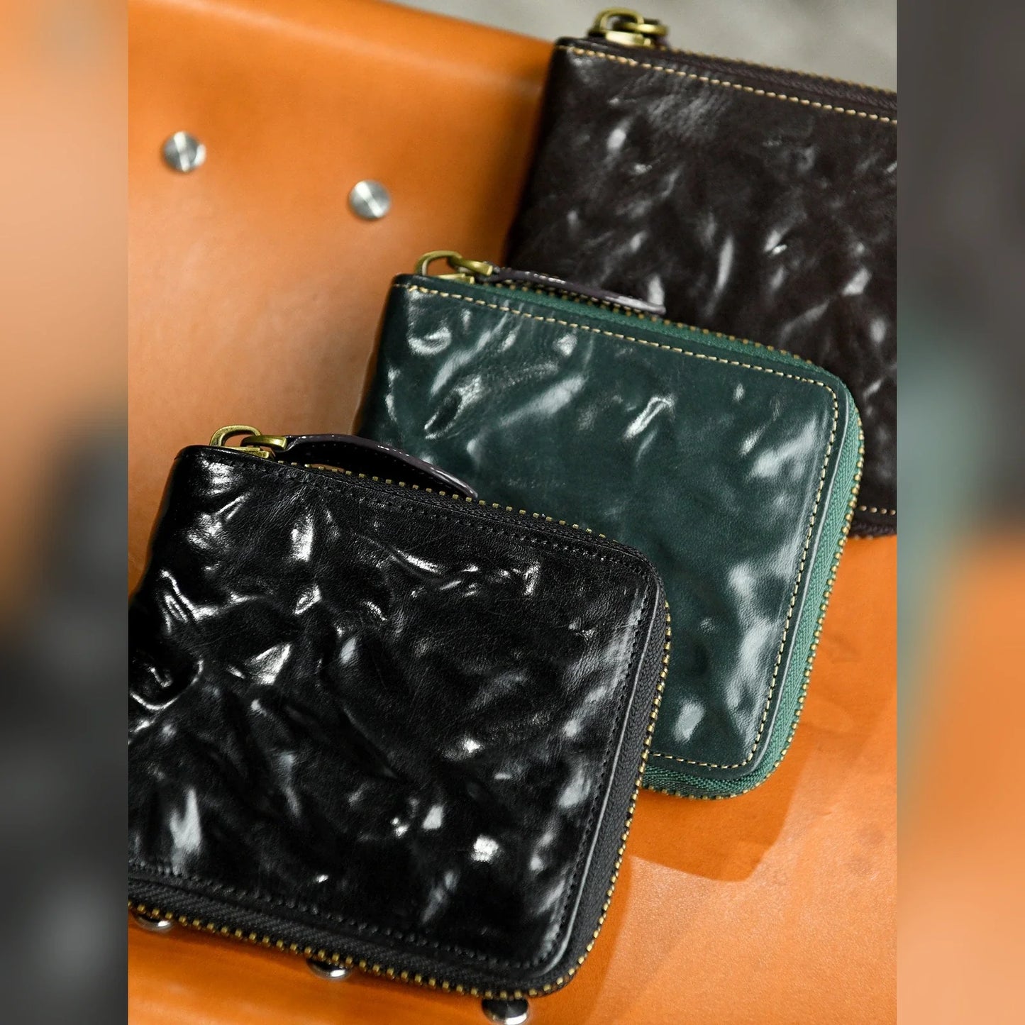 Black, Forest Green and Dark Brown top-grain cowhide zip-around wallets