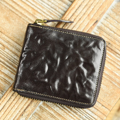Dark Brown top-grain cowhide zip-around wallet with hand-creased texture